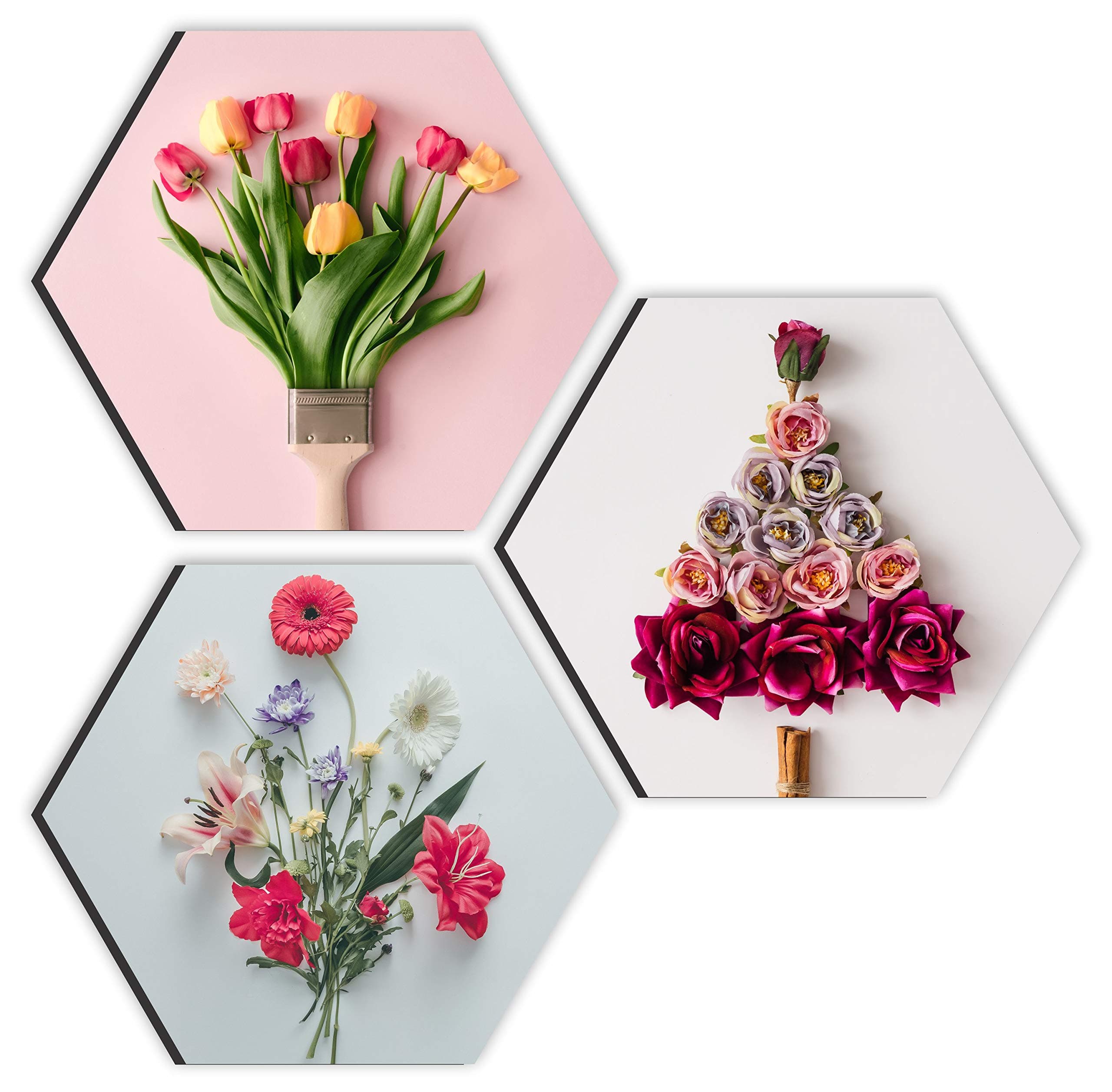 SAFPreety Flower and Leaf in Cone Pot 3 Pieces UV Textured Multi-Effect Self adheshive Painting 17 Inch X 17 Inch SANFHX31155