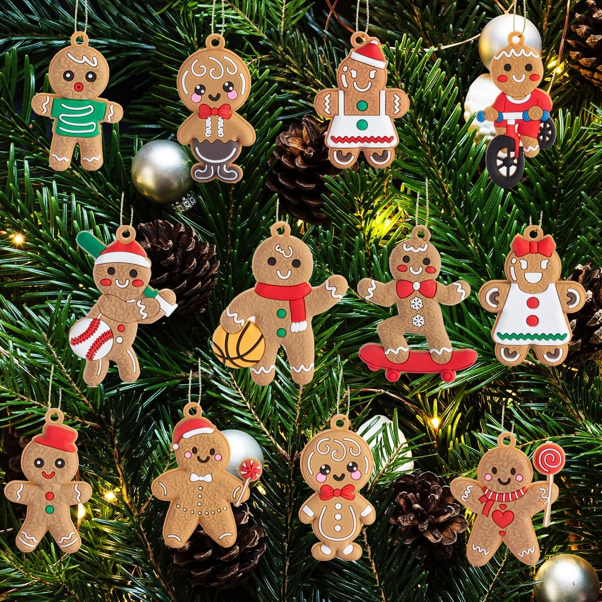 12pcs Gingerbread Man Ornaments - Plastic Gingerbread Figurines, Christmas Tree Hanging Decorations for Christmas Decoration