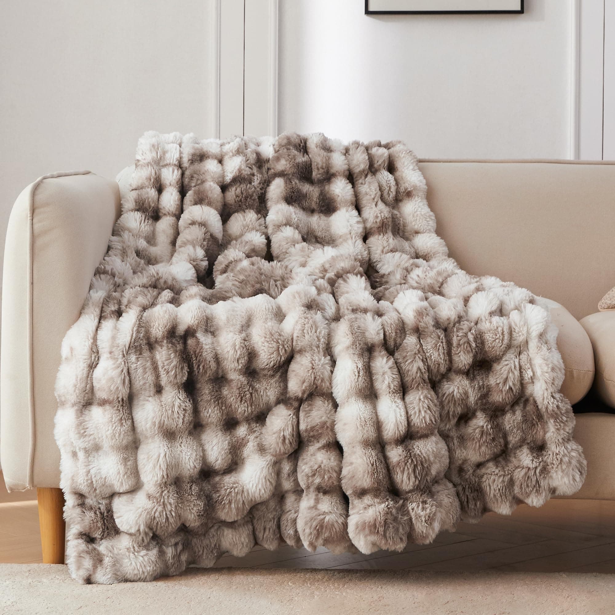 COOVA Faux Fur Throw Blanket for Couch, Cozy Soft and Fuzzy Plush Rabbit Fur Bubble Blanket for Sofa Bedroom Living Room, 50x60 Inches Tie Dye Brown