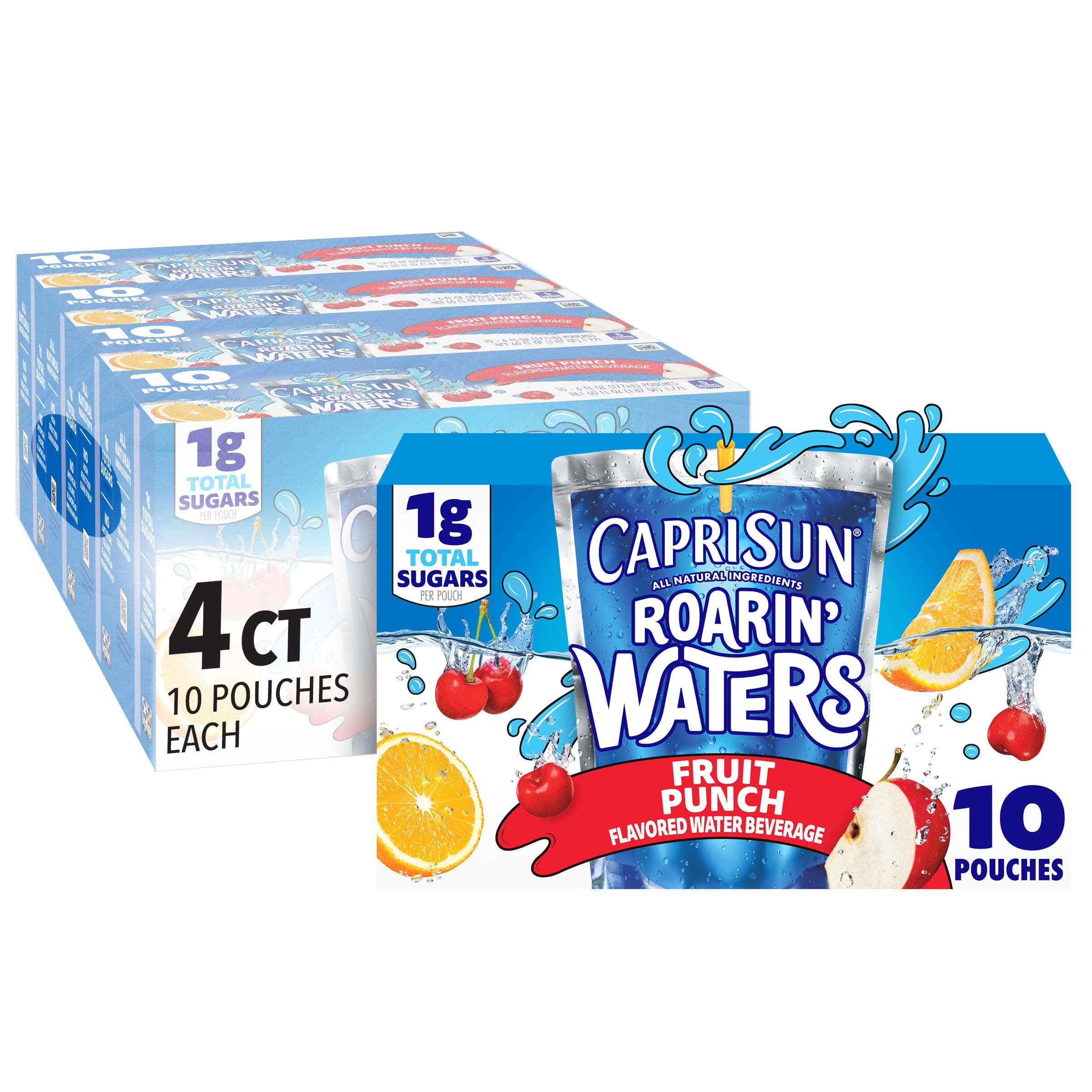 Capri Sun Roarin' Waters Fruit Punch Flavored with other natural flavor Water Beverage, 40 ct Pack, 4 Boxes of 10 Drink Pouches