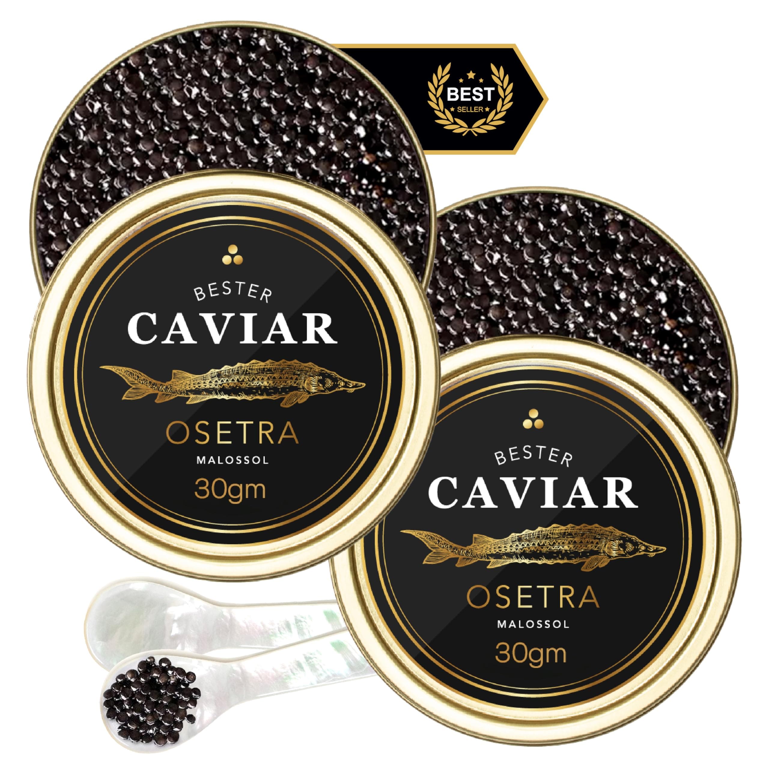 BESTER CAVIAR Premium Osetra Sturgeon Caviar – Traditionally Harvested Malossol Ossetra Black Roe with 2 Mother of Pearl Spoons – Duo Set – 2 Tins (1.06 oz Each)