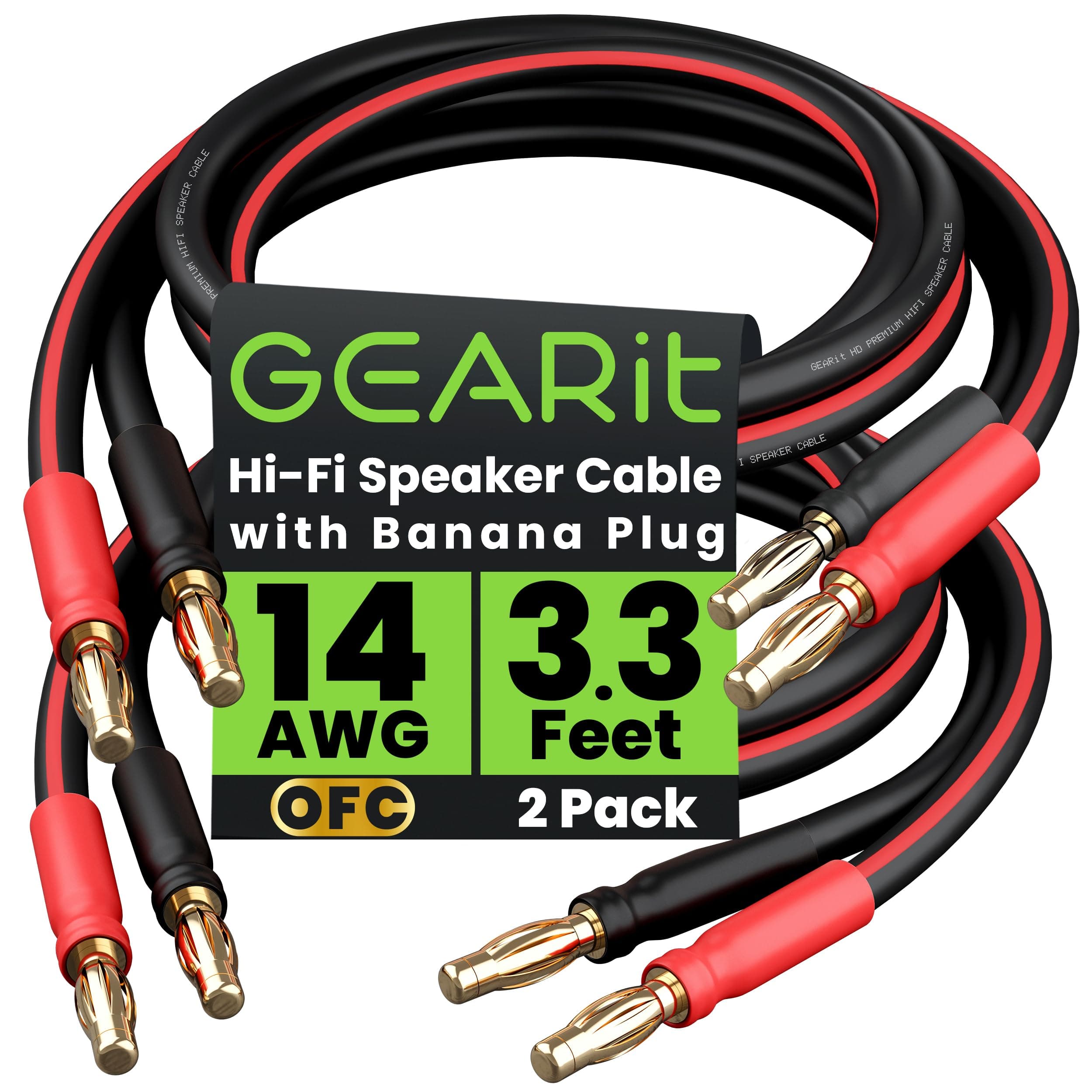 GearIT 14 AWG Speaker Cable With Banana Plugs (2 Pack, 3.3 Feet - 1 Meter) for Bi-Wire Bi-Amp HiFi Surround Sound - 99.9% OFC Copper, Gold Plated Tips - Black, 3 Ft