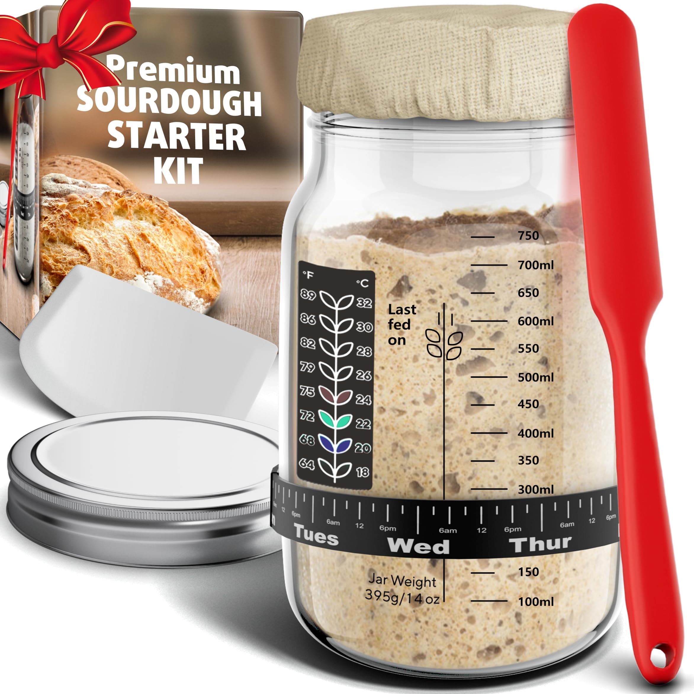 Ultimate Sourdough Starter Jar Kit 31.8 oz - Reusable Sourdough Jar for Easy Bread Baking - Perfect to Make Your Sour Dough Bread Dough Starter - Easy to Use & Clean Complete Sourdough Starter Kit