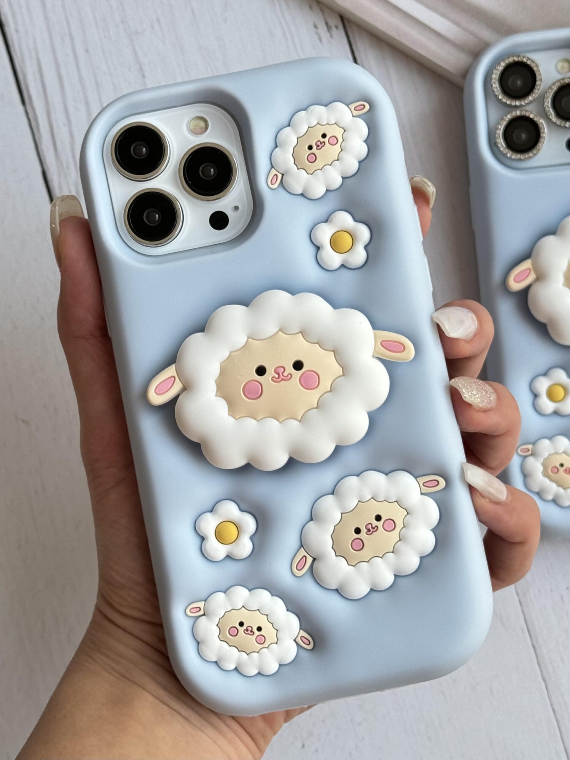 Case Creation for iPhone 14 Pro 3D Cartoon Sheep Flock Case,Full Protective Funda Cotton Candy Cloud Pop Back Case with Holder Cute Soft Silicone Fashion Aesthetic Cover for Apple iPhone 14 Pro
