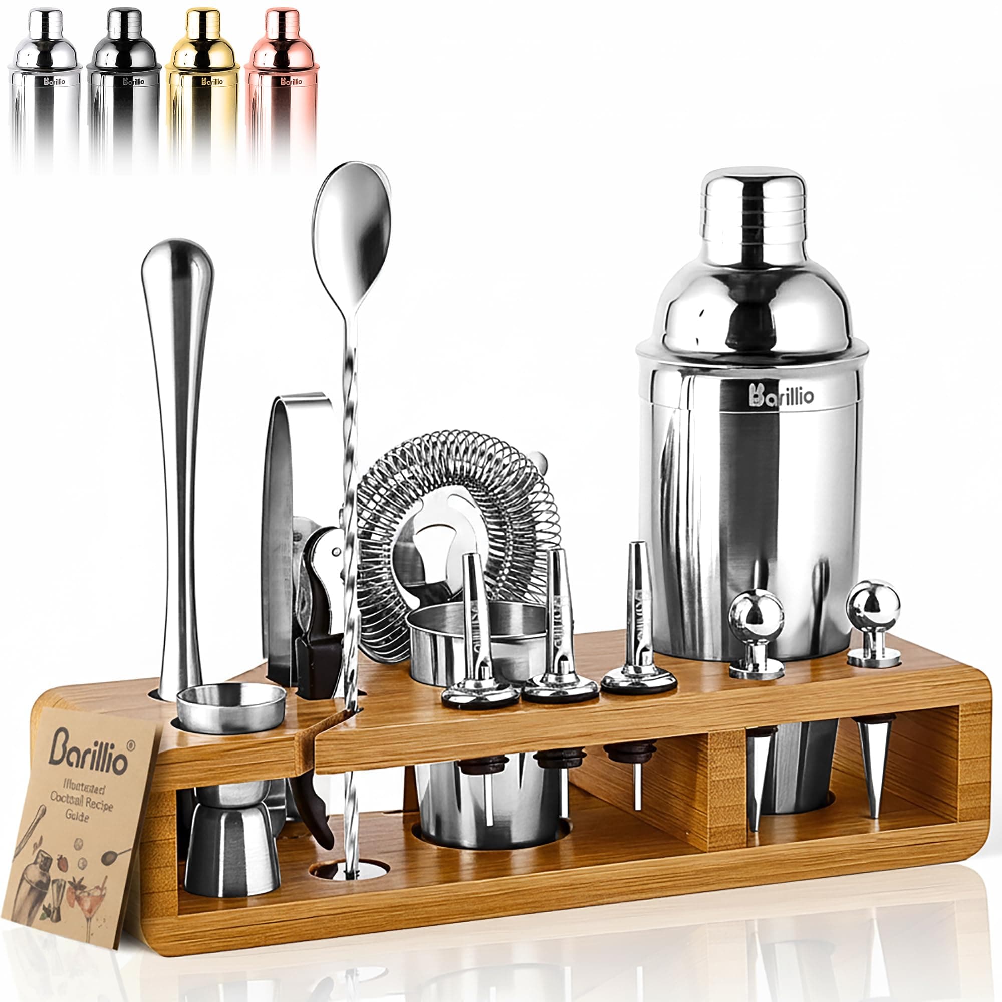 Bartender Kit - Stainless-Steel Cocktail Shaker Set w/Bamboo Stand - Mixology Bar Tools w/Drink Shaker, Mixer Spoon & Muddler for Cocktails - Home Bar Accessories - 23-Pc Bar Set - Silver