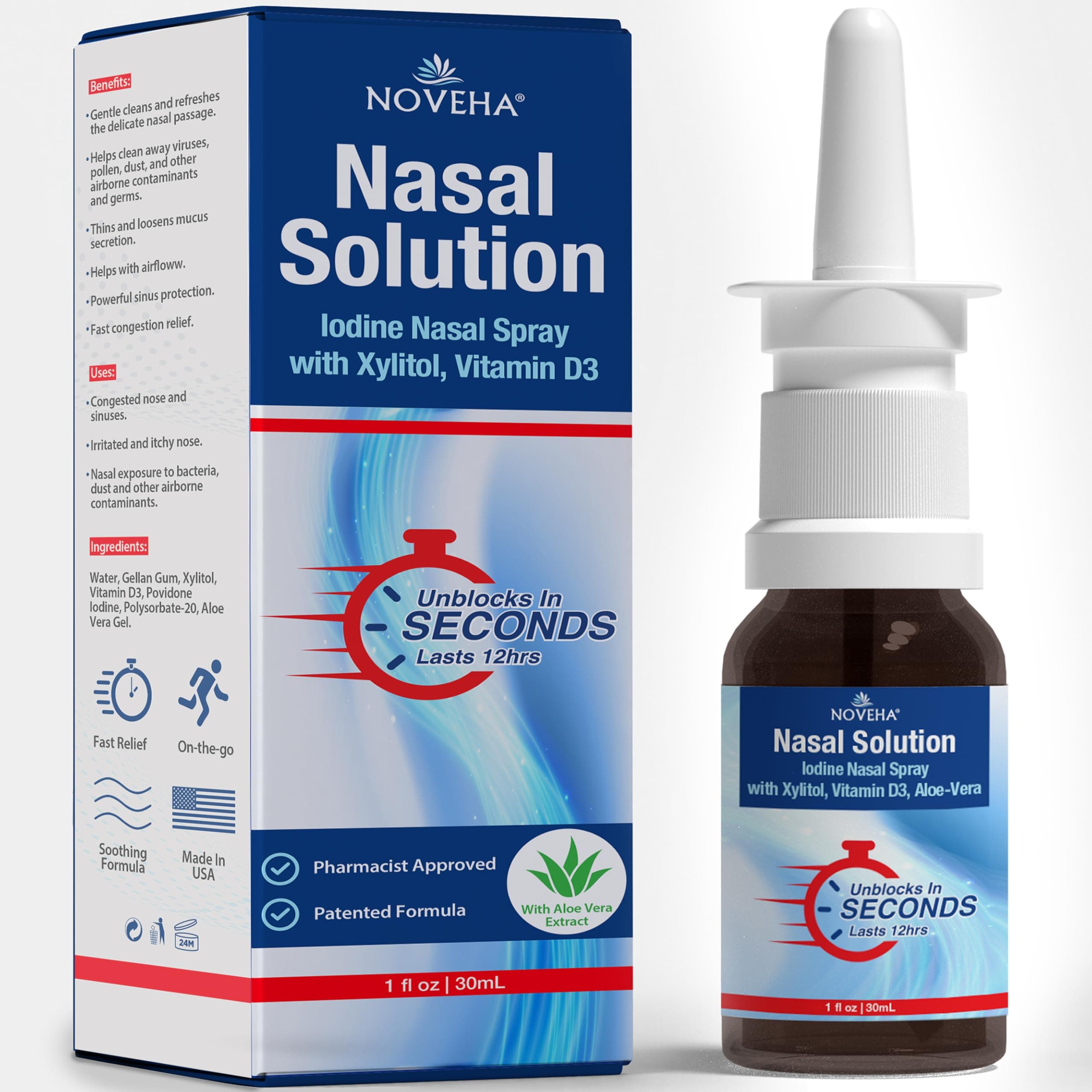 NOVEHA Iodine Nasal Spray - Nose Spray for Humans - Cleanses & Refreshes Nasal Passages - with Vitamin D3 & Aloe Vera - Natural Daily Nasal Cleanser - Made in USA - 30mL