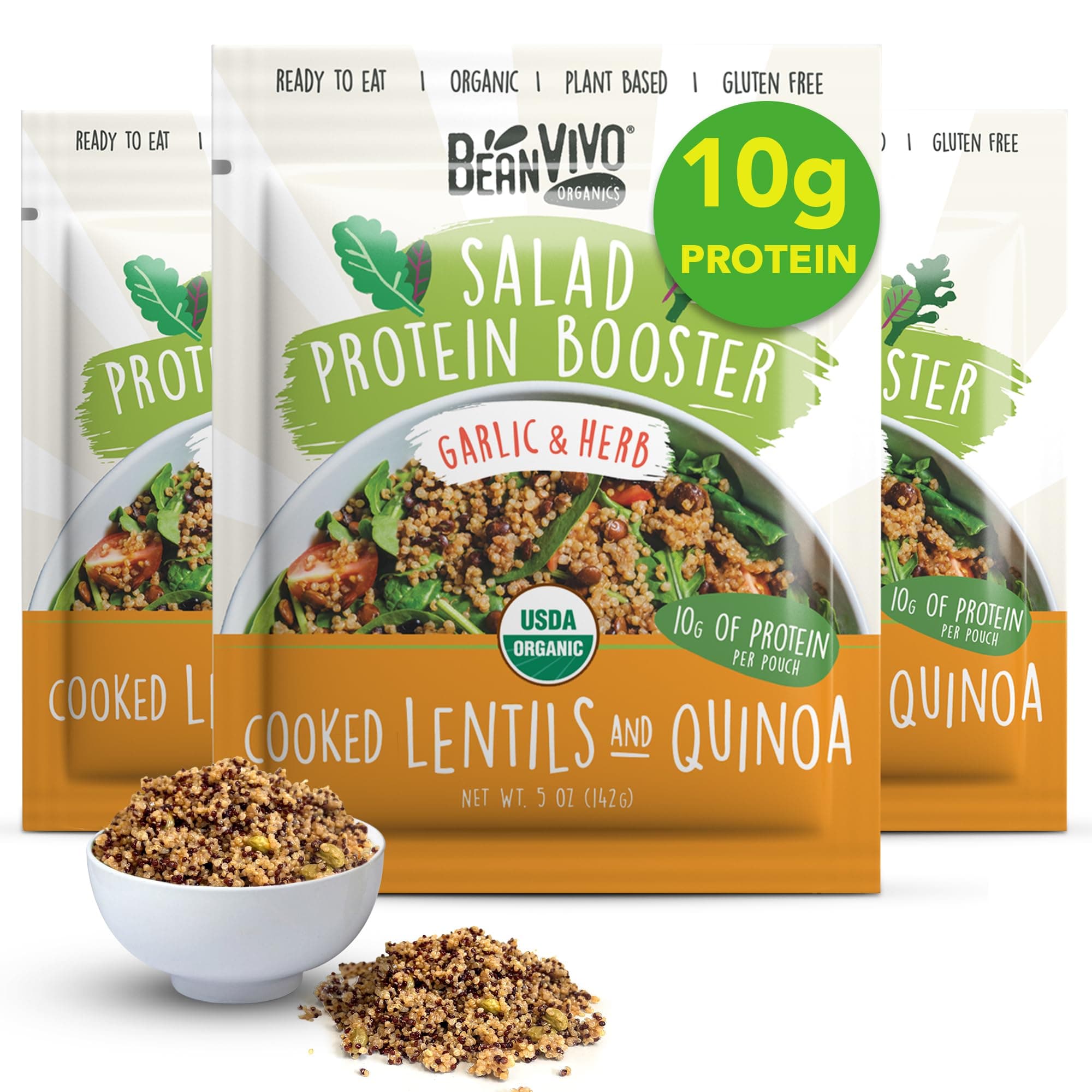 BeanVIVO 3-Pack Salad Protein Booster - Organic cooked Lentils & Quinoa with Garlic & Herbs, delivering a burst of taste and 10g of protein-packed goodness in every pouch 5oz