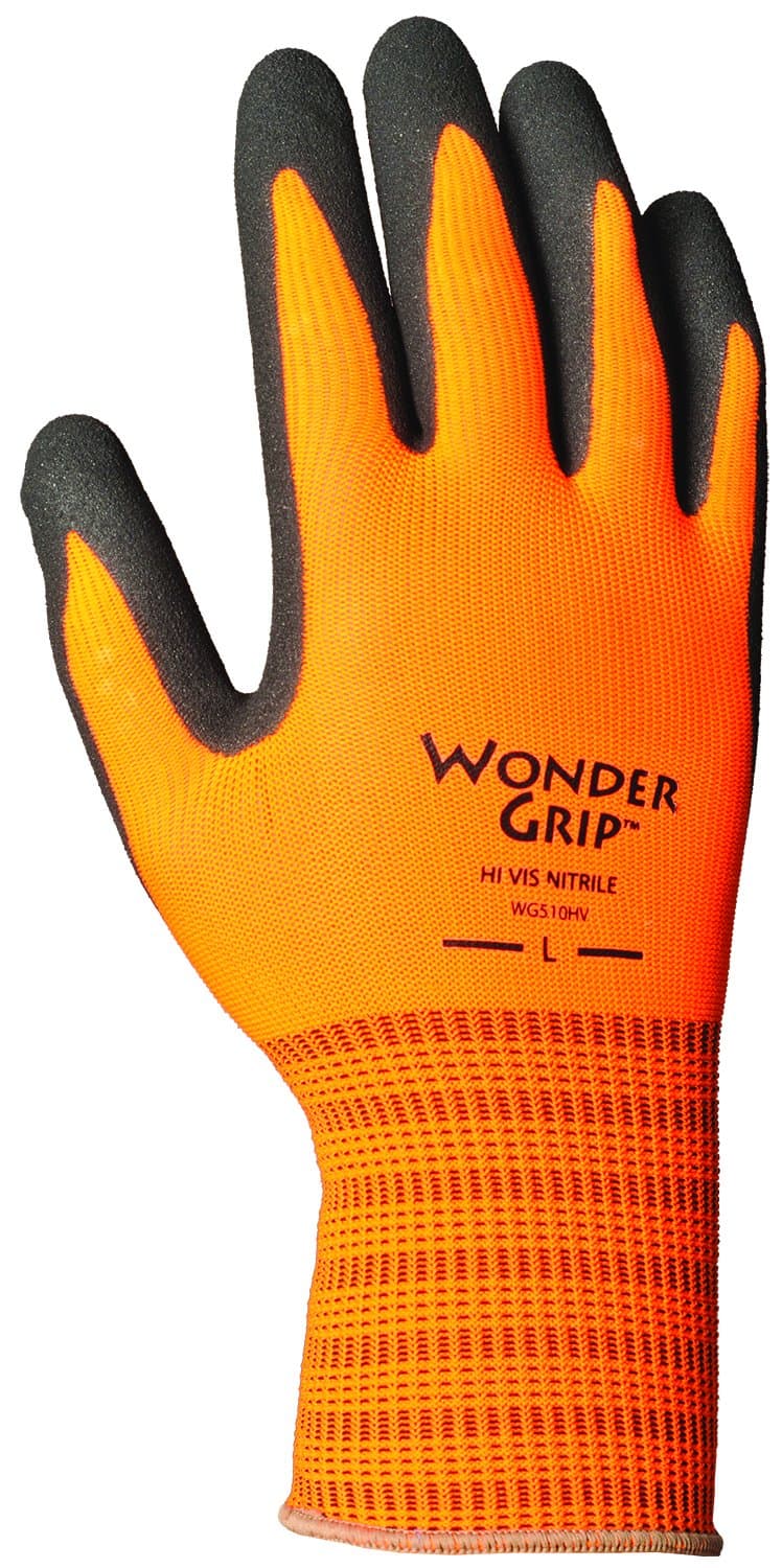 Wonder Grip WG510HVL High-Visibility Extra Tough Seamless Knit Nitrile Palm Work Gloves, Textured Double-Coated Nitrile Palm, Large, High-Visibility Orange
