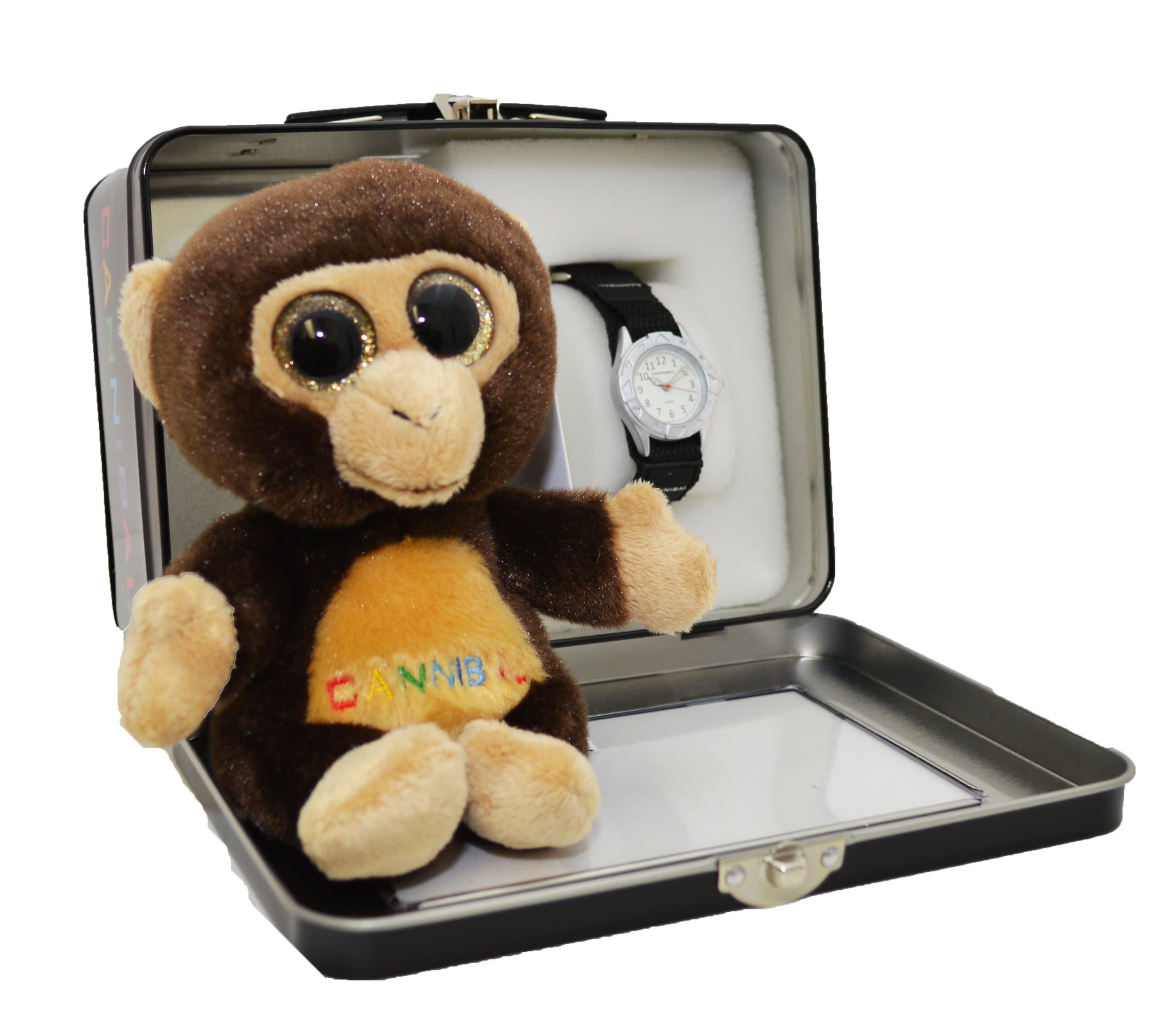 Boxed Presentation Gift Set Cuddly Toy and Childrens Wrist Watch - Kids Black Watch with Monkey