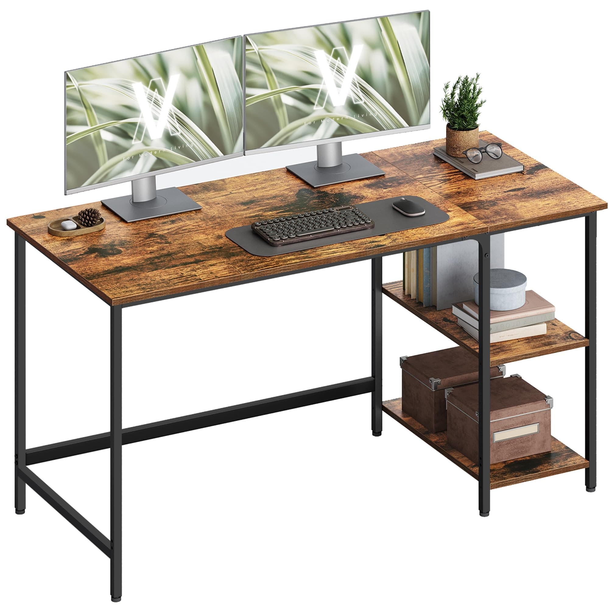 VASAGLE Computer Desk, Desk with 2 Shelves Left or Right, Work Desk for Office Room, Steel Frame, Industrial, Rustic Brown and Black LWD55X