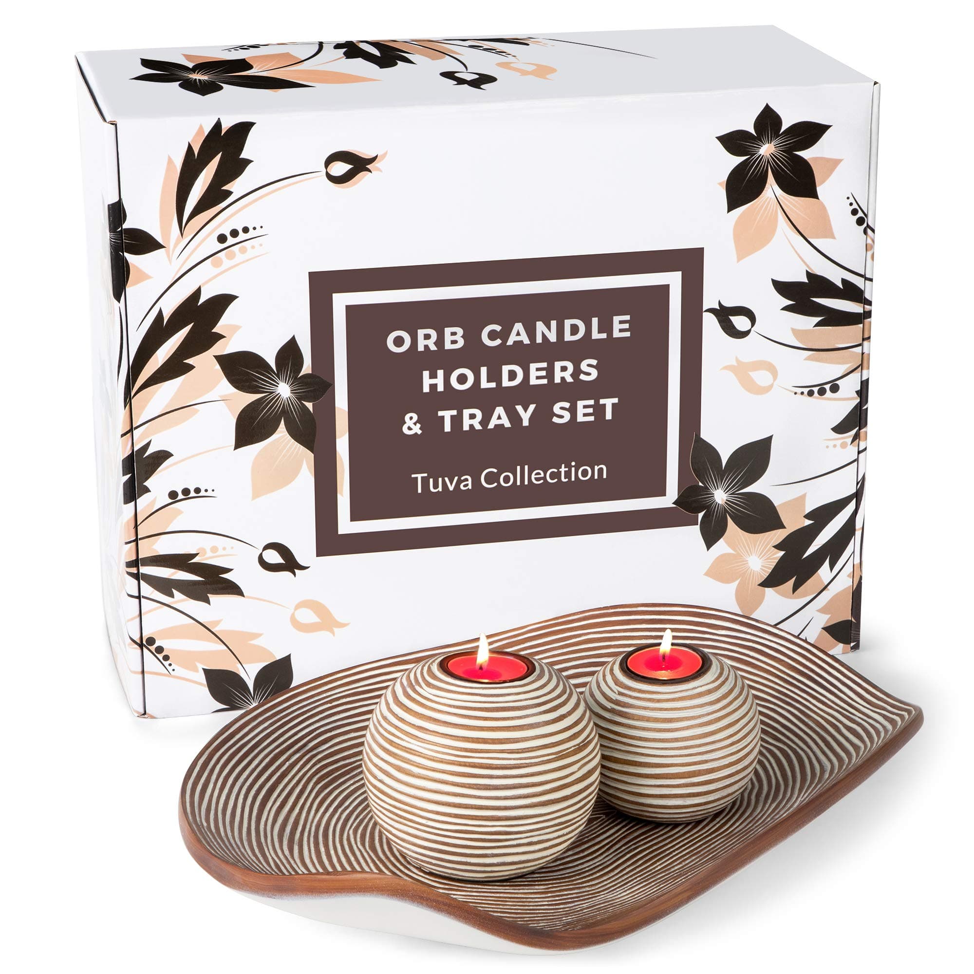 Orb Candle Holders & Tray Decor Set (16 inch Decorative Bowl & 2 Spheres), Coffee Table Decor or Centerpieces for Dining Room Table or Kitchen Counter, Gift Boxed, Light Brown & White