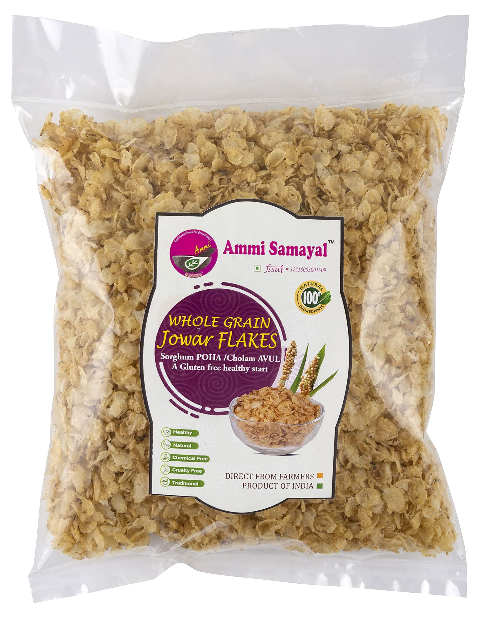 Jowar Flakes | Whole Grain Sorghum Poha | Fiber-Rich Cholum Avul | Millet Flakes For Healthy Breakfast | Premium Organic Snacks For Good Health | Gluten Free Poha | Pack of 1 | 500 Gram