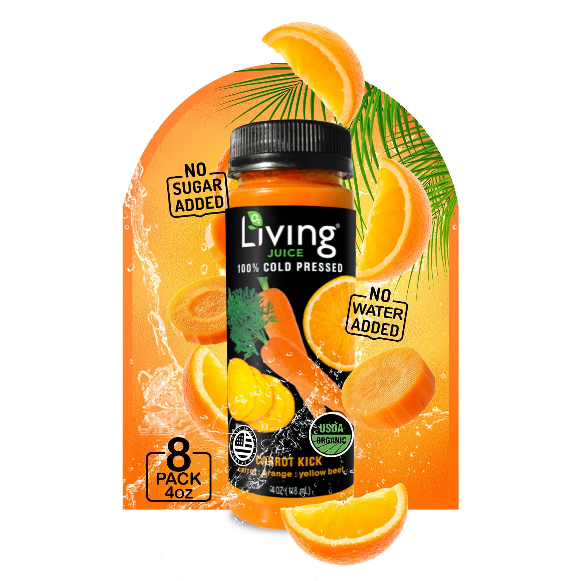 O2 Living Carrot Kick Mini Organic Cold Pressed Juice | Refreshing Carrot, Orange & Yellow Beet Juice for Quick Wellness Boost | No Added Sugar or Water | Natural Sweetness | Non-GMO | 4 oz, 8-Pack