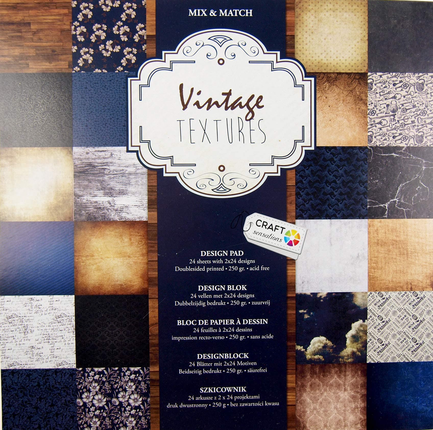 Craft Sensations 30cm Square Card Printed Mix & Match Design Pad (24 sheets) - Vintage Textures