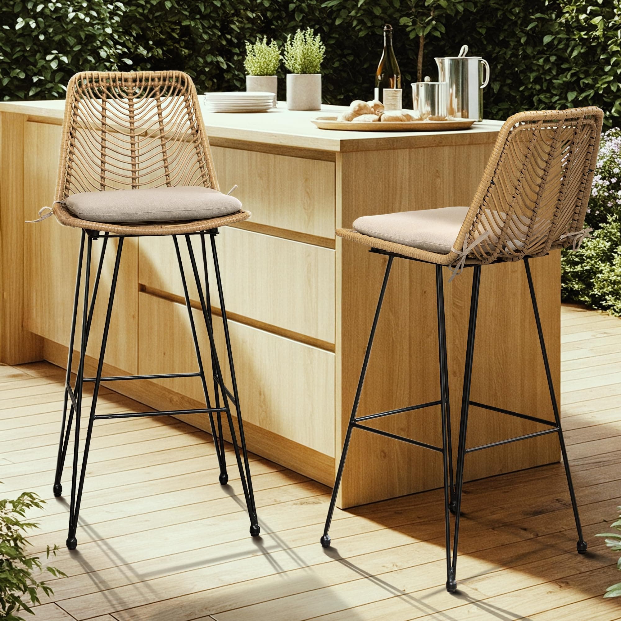 IDZO Outdoor Rattan Bar Stools Set of 2, 42-Inch Tall with 400lbs Weight Endurance, Featuring a Steel Frame and Comfort Cushions, Ideal Outdoor Bar Stools and Kitchen Island