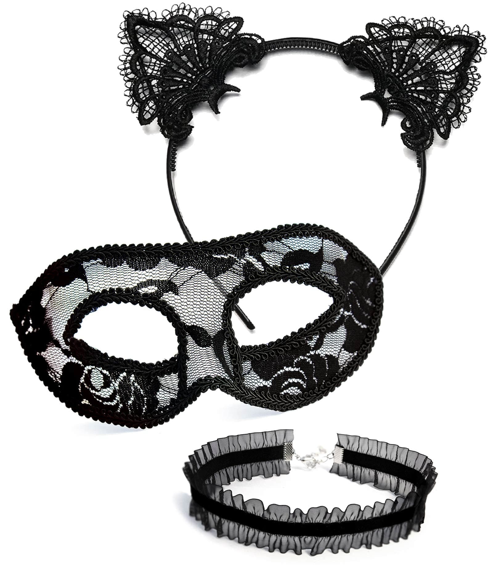 Black Cat Costume for Women with Sexy Masquerade Lace Mask, Lace Cat Ears Headband & Kitty Lace Choker Adults/Adult