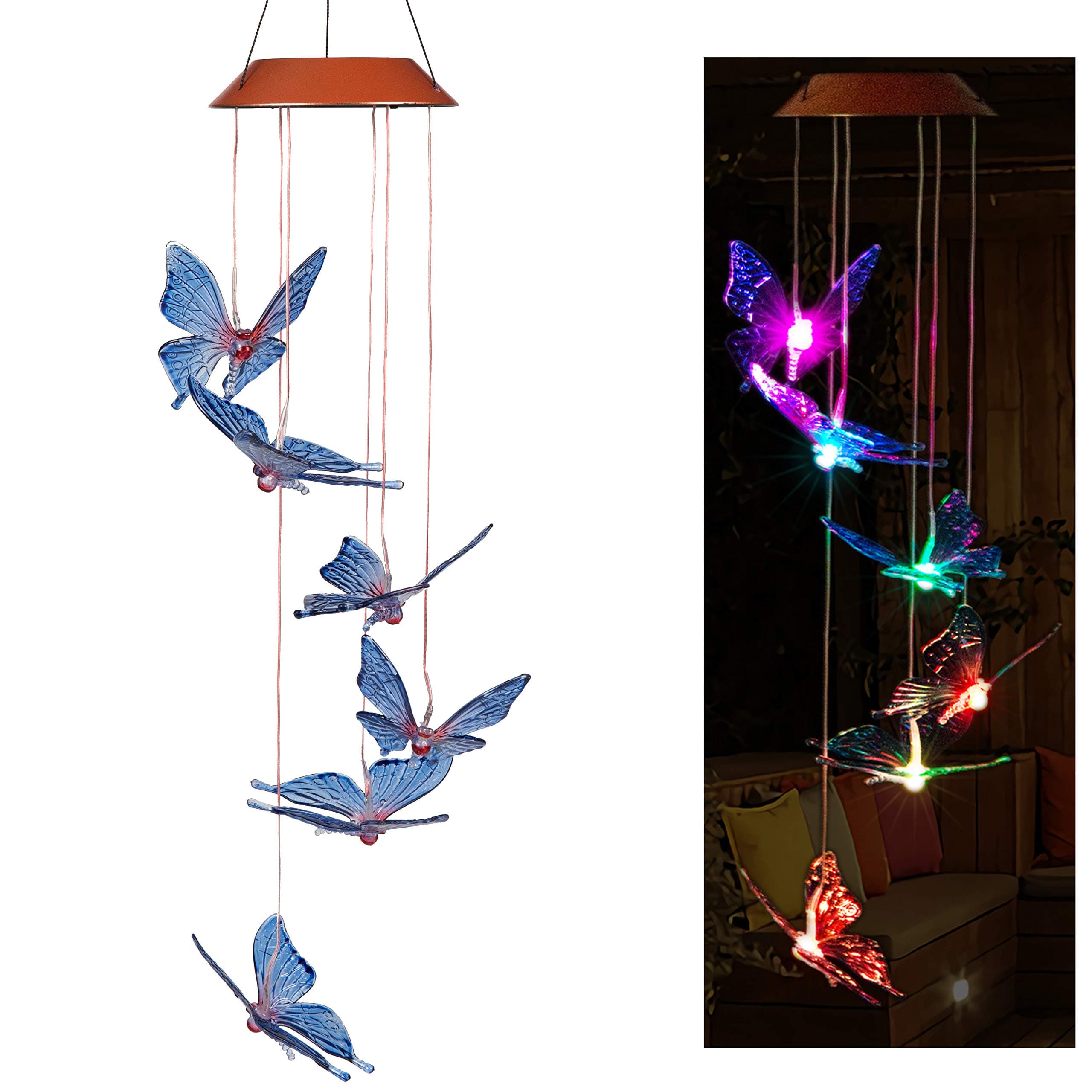 LED Solar Butterfly Wind Chimes Outdoor - Waterproof Solar Powered LED Changing Light Color 6 Butterflies Mobile Romantic Wind-Bell for Home, Party, Festival Decor, Night Garden Decoration