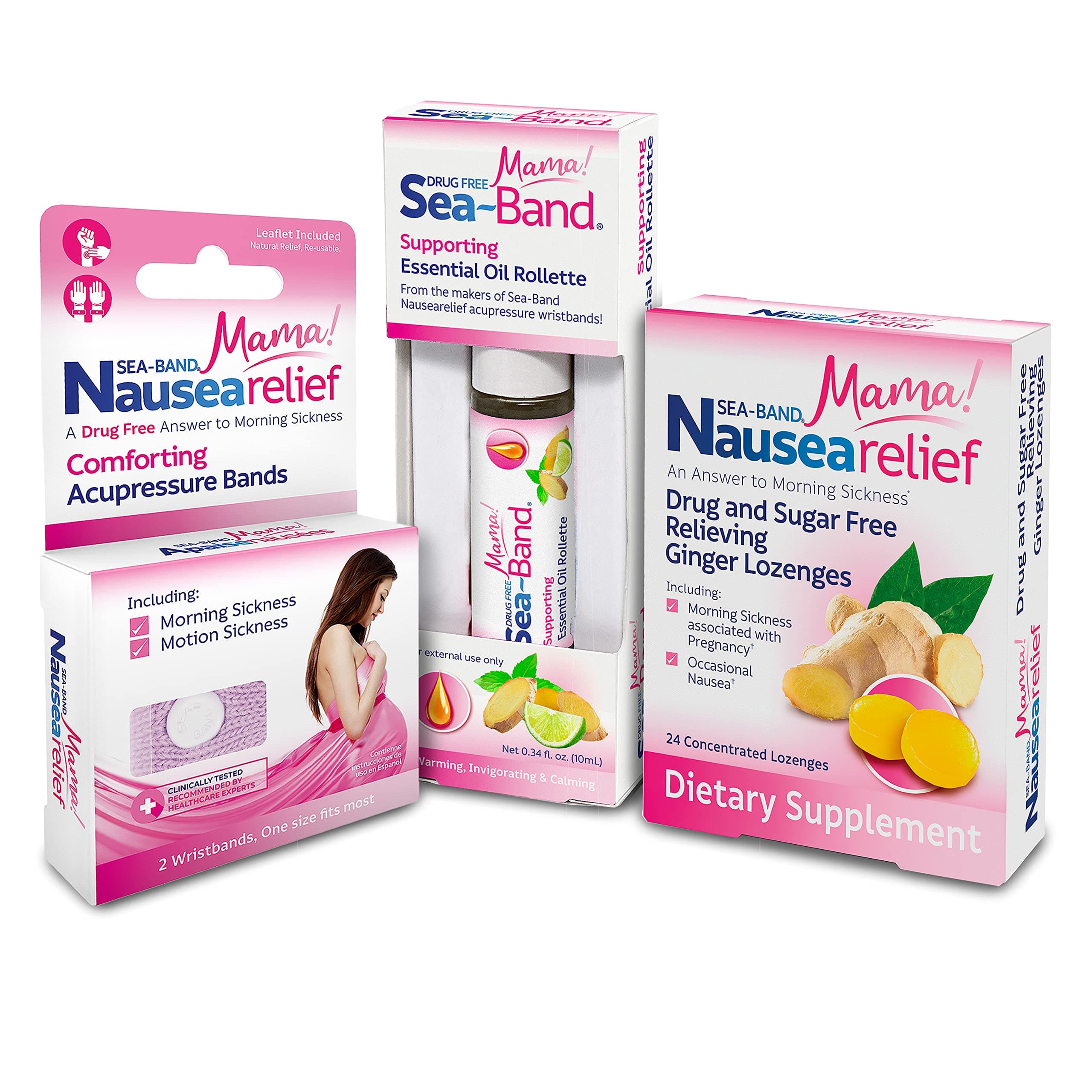 Sea-Band Mama! Maternity Pack Morning Sickness Relief, 1 Pair Wristbands, Sugar Free Lozenges, Aromatherapy Rollette