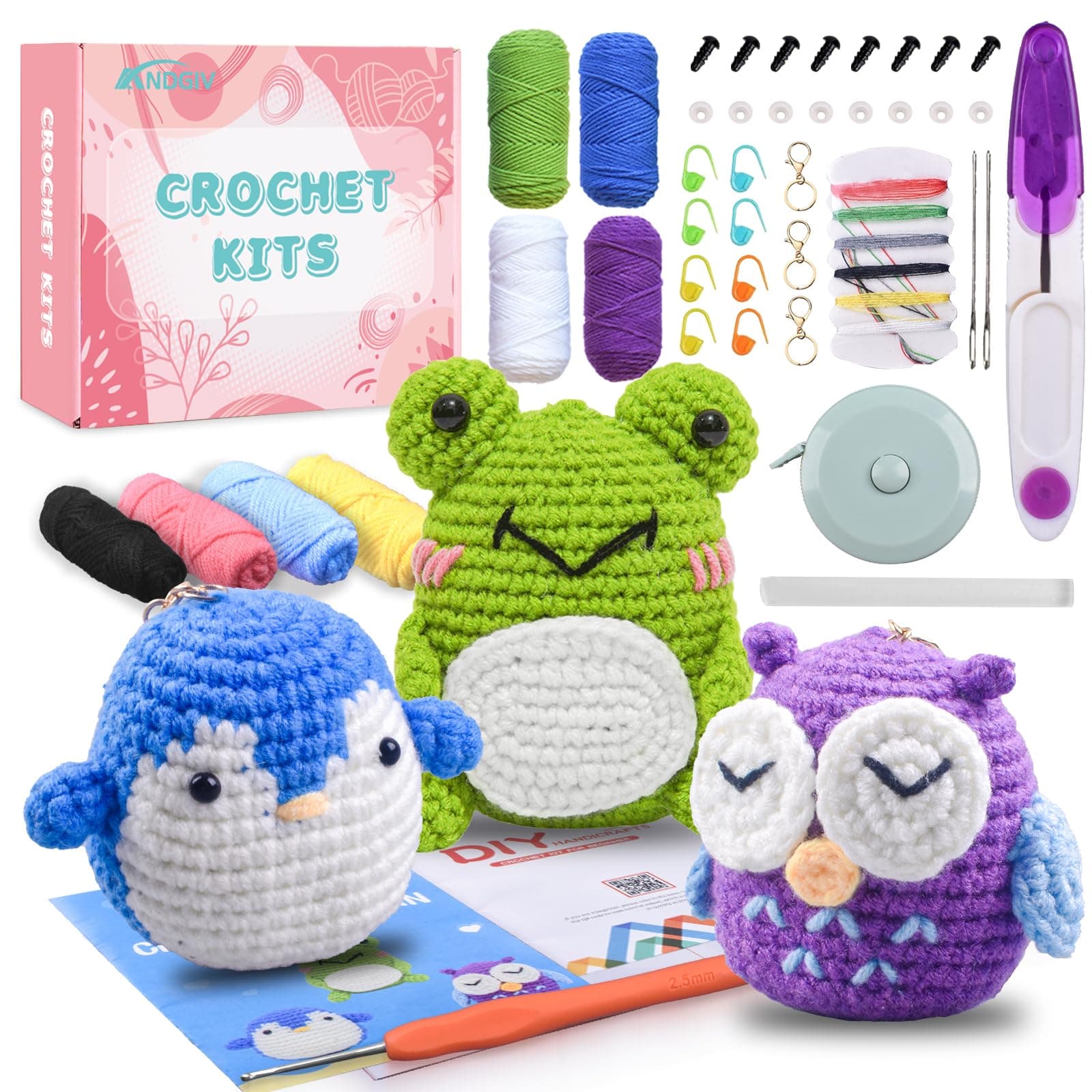 Crochet Kit for Beginners Adults - Learn to Crochet Animal, 3 Cute Animals Patterns with Step-by-Step Video Tutorials, Beginners Crocheting Kits, DIY Art Craft Knitting Set, Gifts for Woman Teen Girls