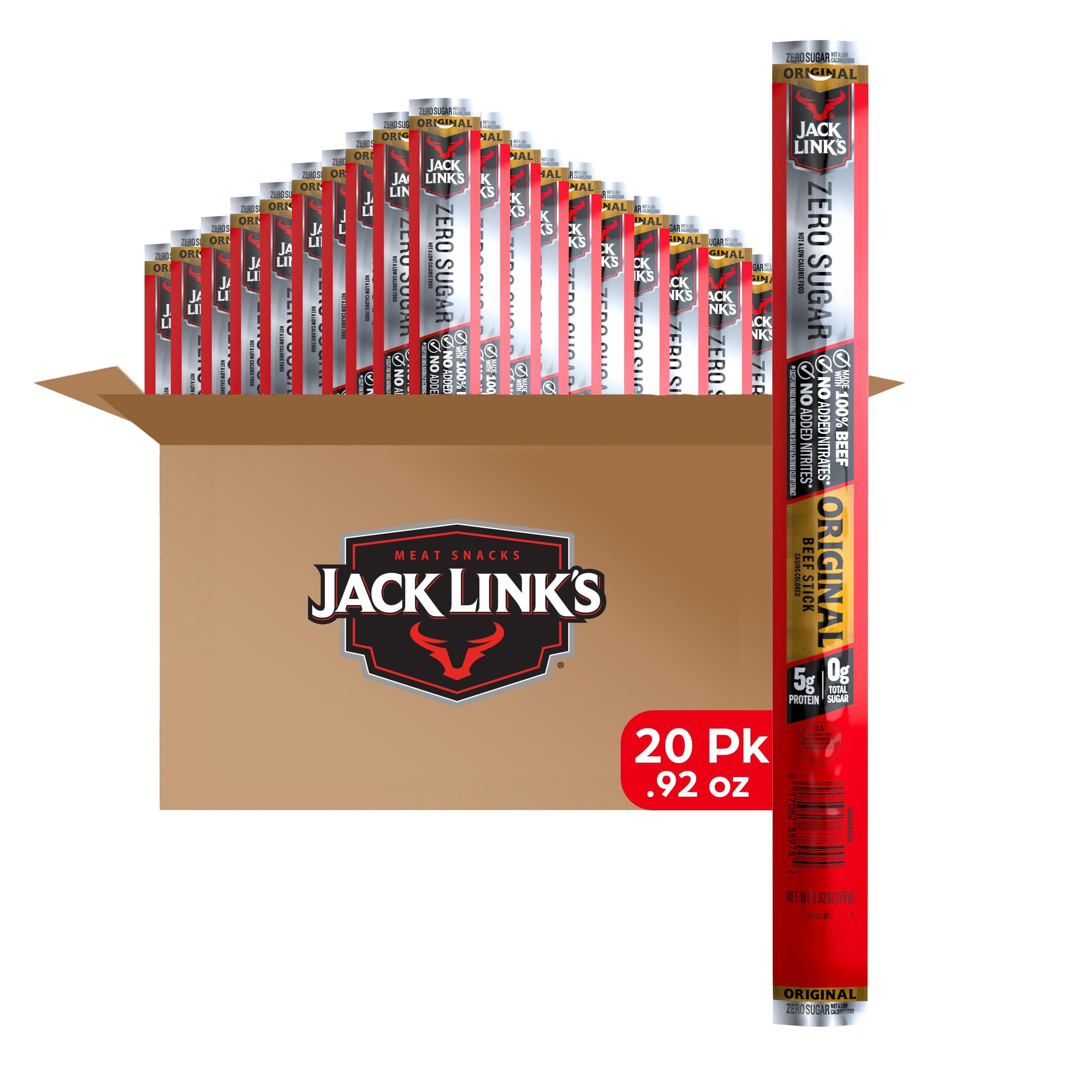 Jack Link's Beef Sticks, Zero Sugar, Original – Protein Snack, Meat Stick with 6g of Protein, Made with 100% Beef, No Added MSG** – 0.92 Oz. (20 Count)