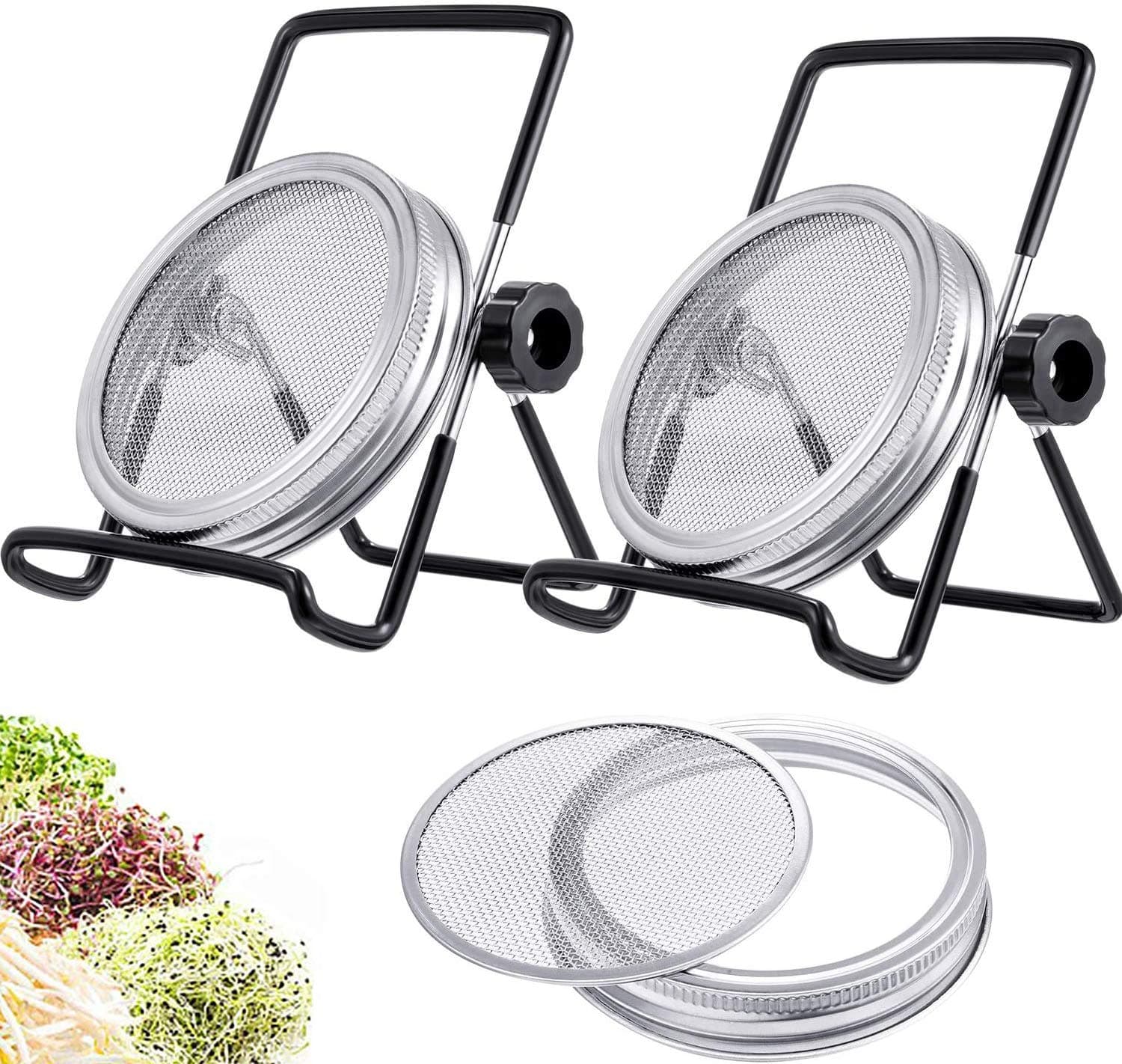 2 Pack Sprouting Jar Kit with Stainless Steel Sprouting Stand and Screen Lid for Wide Mouth Mason Jars