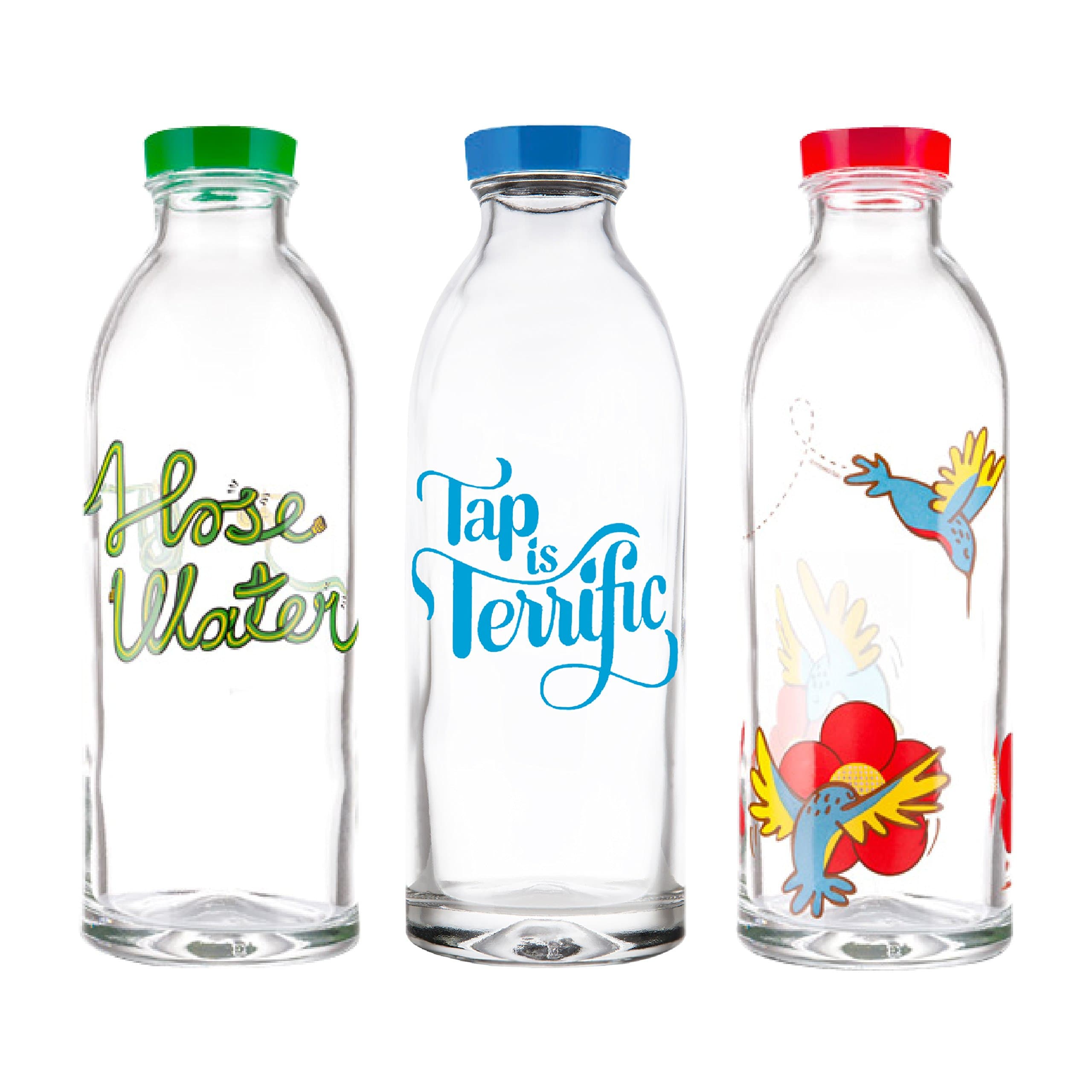 Gift Pack - 3 Classic Design, Reusable Glass Water Bottles By Faucet Face, 14.4 Oz.