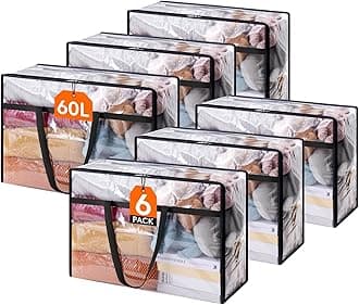 Lifewit 6 Pack Clear Clothes Storage Bags, 60L Plastic Blanket Storage Bag, Vinyl Foldable Moving Bags with Zipper, Closet Organizers and Storage Containers for Bedding, Duvet, Comforter