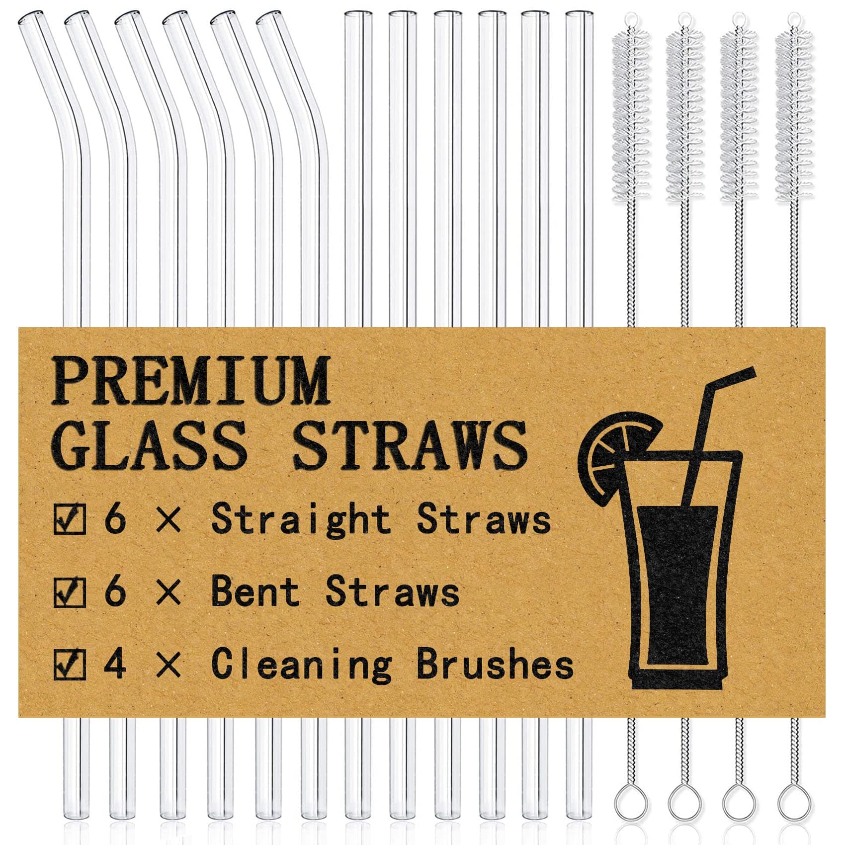 16-Pack Reusable Glass Straws Set, Clear Glass Drinking Straws, 8.5''x10MM, Set of 6 Straight and 6 Bent with 4 Cleaning Brushes, Perfect for Smoothies, Milkshakes, Juice, Tea