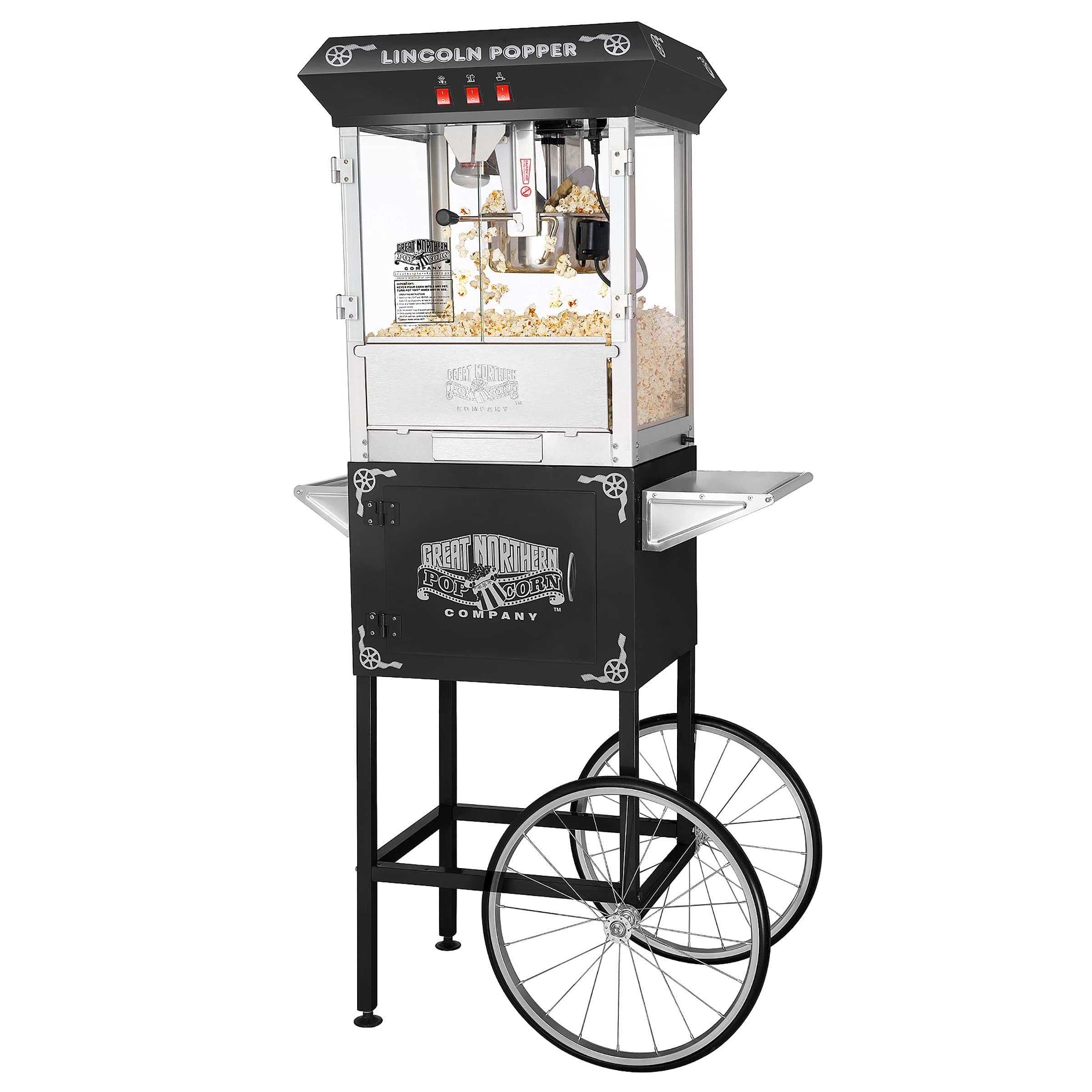 Lincoln Popcorn Machine with Cart - 8oz Popper with Stainless-Steel Kettle, Warming Light, and Accessories by Great Northern Popcorn (Black)