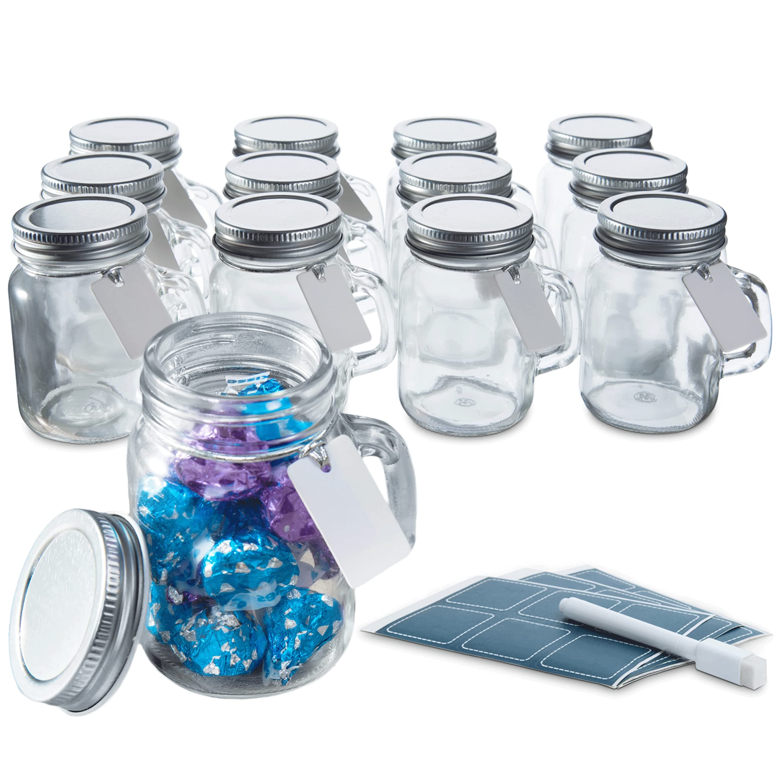 Glass Favor Jars with Lids 3.4oz - Mini Mason Jar Wedding Favors Bottles with Chalkboard Labels, Chalk Pen, Personalized Tags and String - [12pc Bulk Set] Spices, Candy