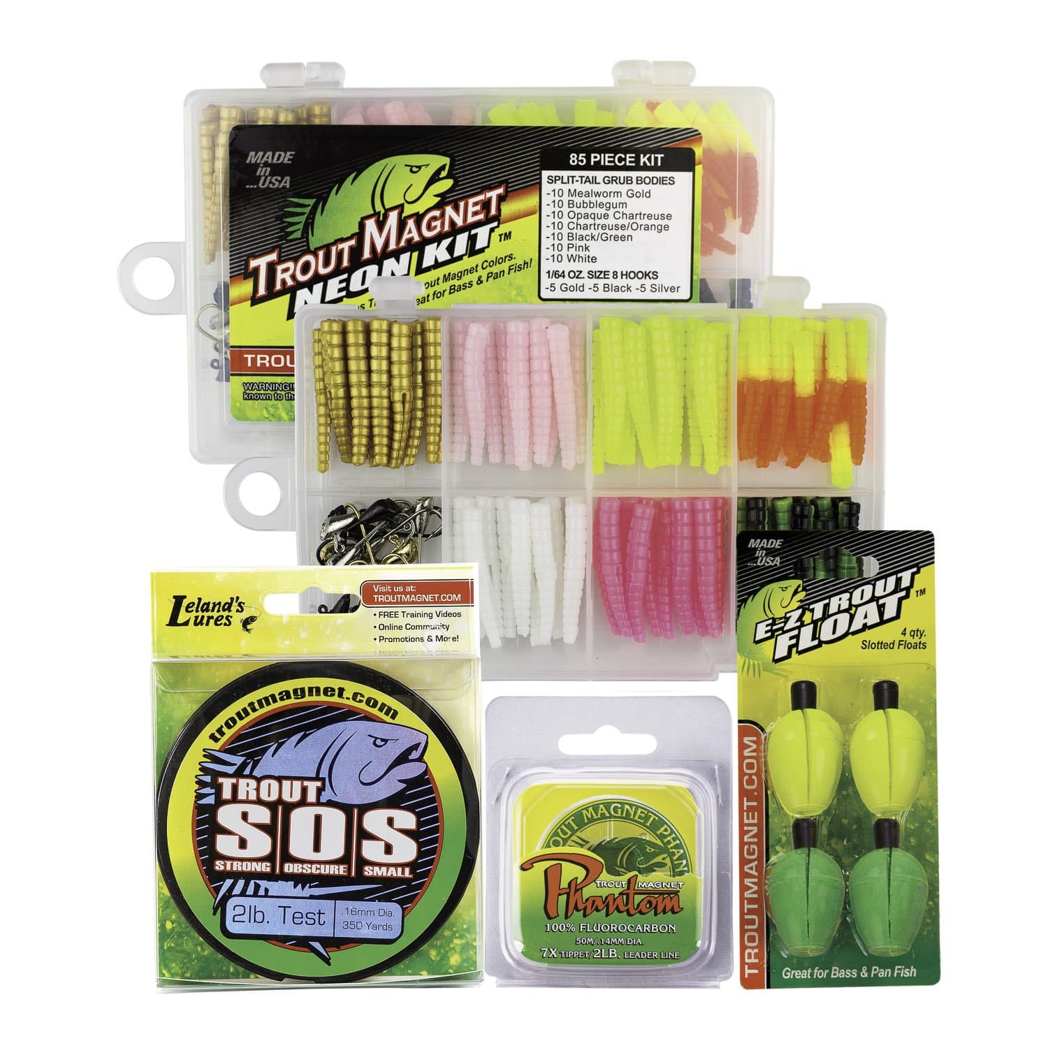 Ultimate Bundle - 82 pc Trout Fishing Gear Kit - 350 Yard Trout S.O.S. Monofilament Fishing Line, Phantom Fluorocarbon Leader Line, 4 E-ZTrout Floats