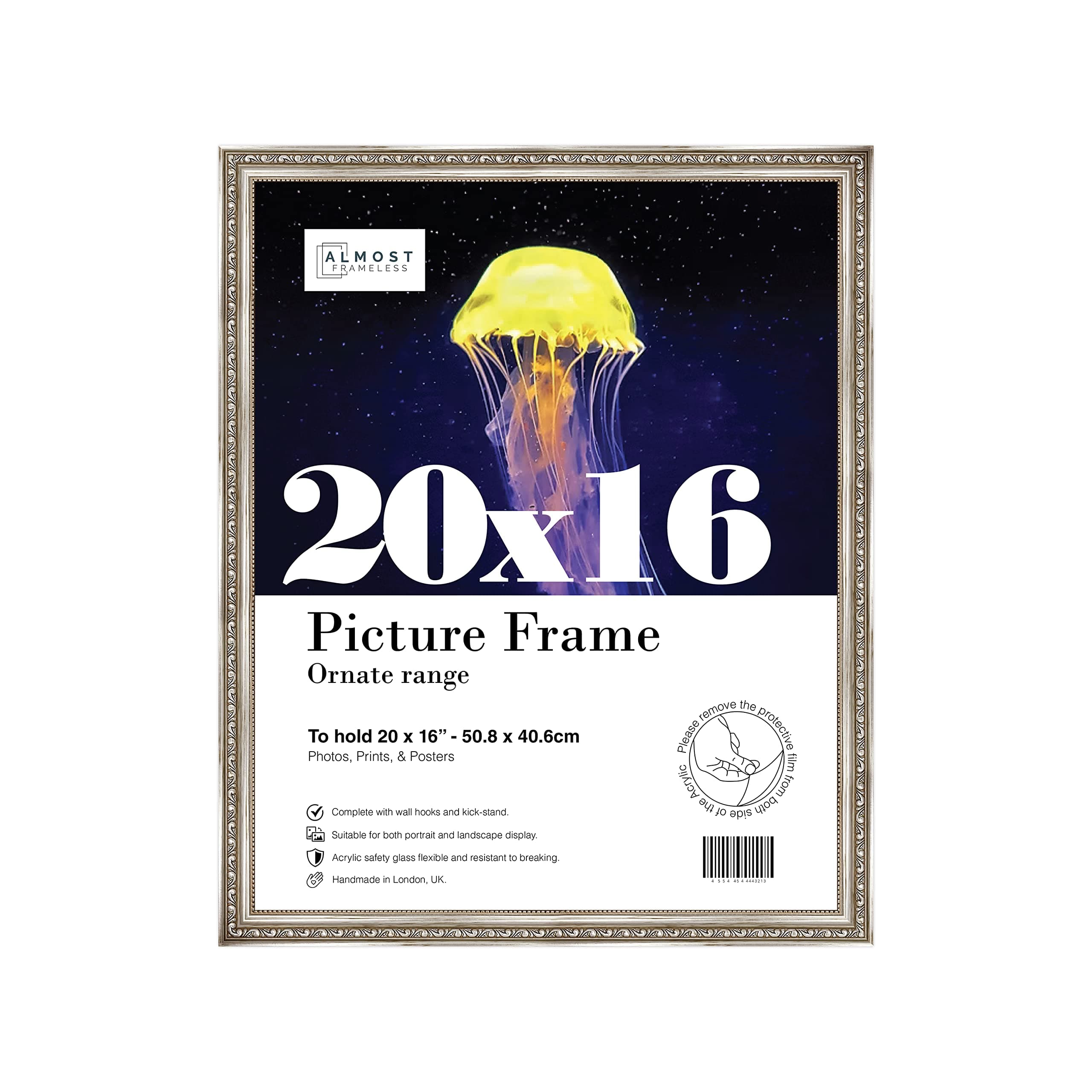 Almost Frameless 20x16 Silver Ornate Picture Frame 20"x16"(50.8x40.6cm) Poster, Photo, Artwork, or Print. Elegant Style Portrait and Landscape Display with Wall Hooks