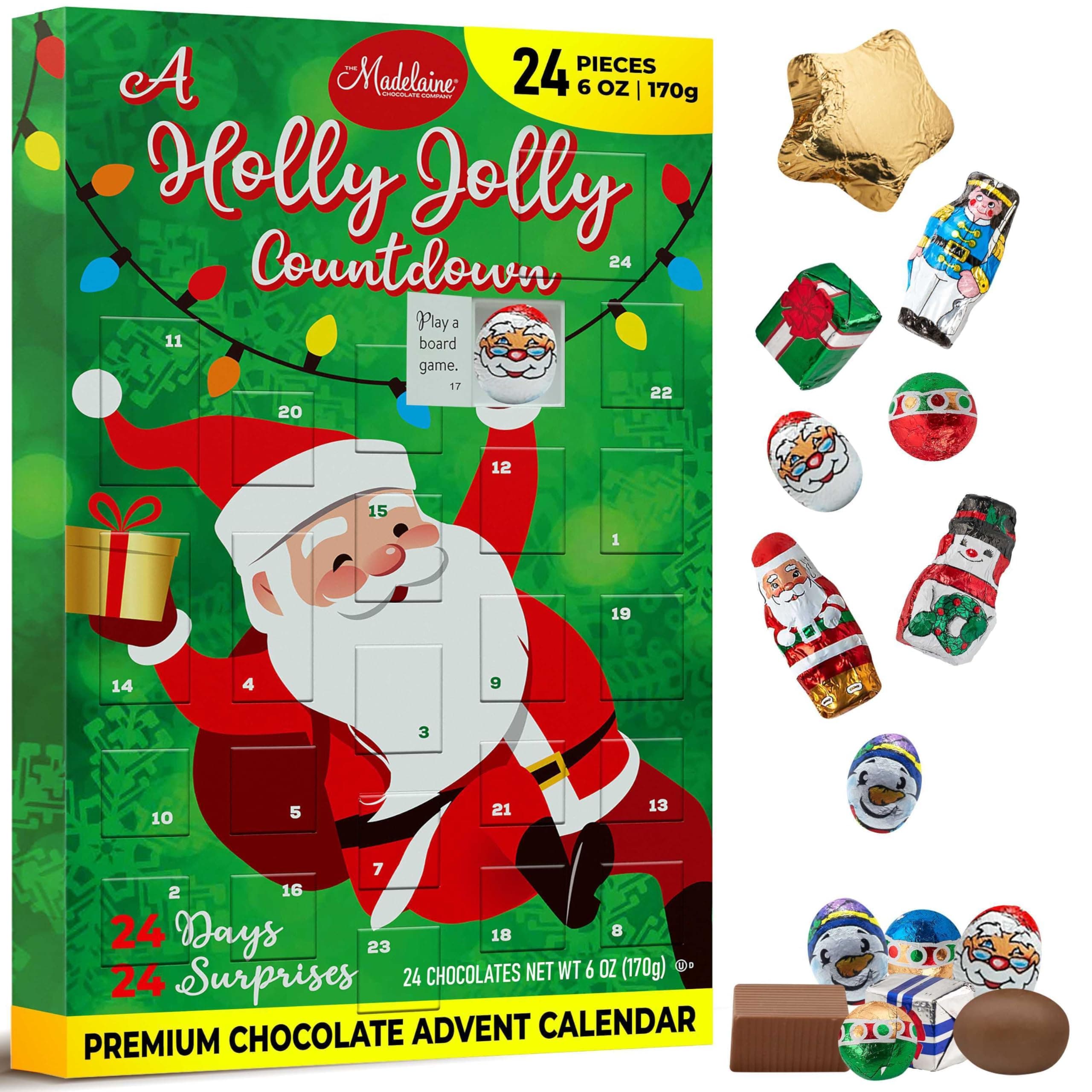 THE MADELAINE CHOCOLATE COMPANY a Holly Jolly Christmas 2023 Countdown Advent Calendar, with 24 Solid Premium Milk Christmas Themed Holiday Surprises