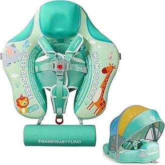 Mambobaby Non Inflatable Baby Float with Canopy Skin-Friendly Relaxing Infant Pool Float Solid Swim Pool Float Mambo Float Swim Trainer with Tail Swim Ring for Baby Aged 3-24 Months