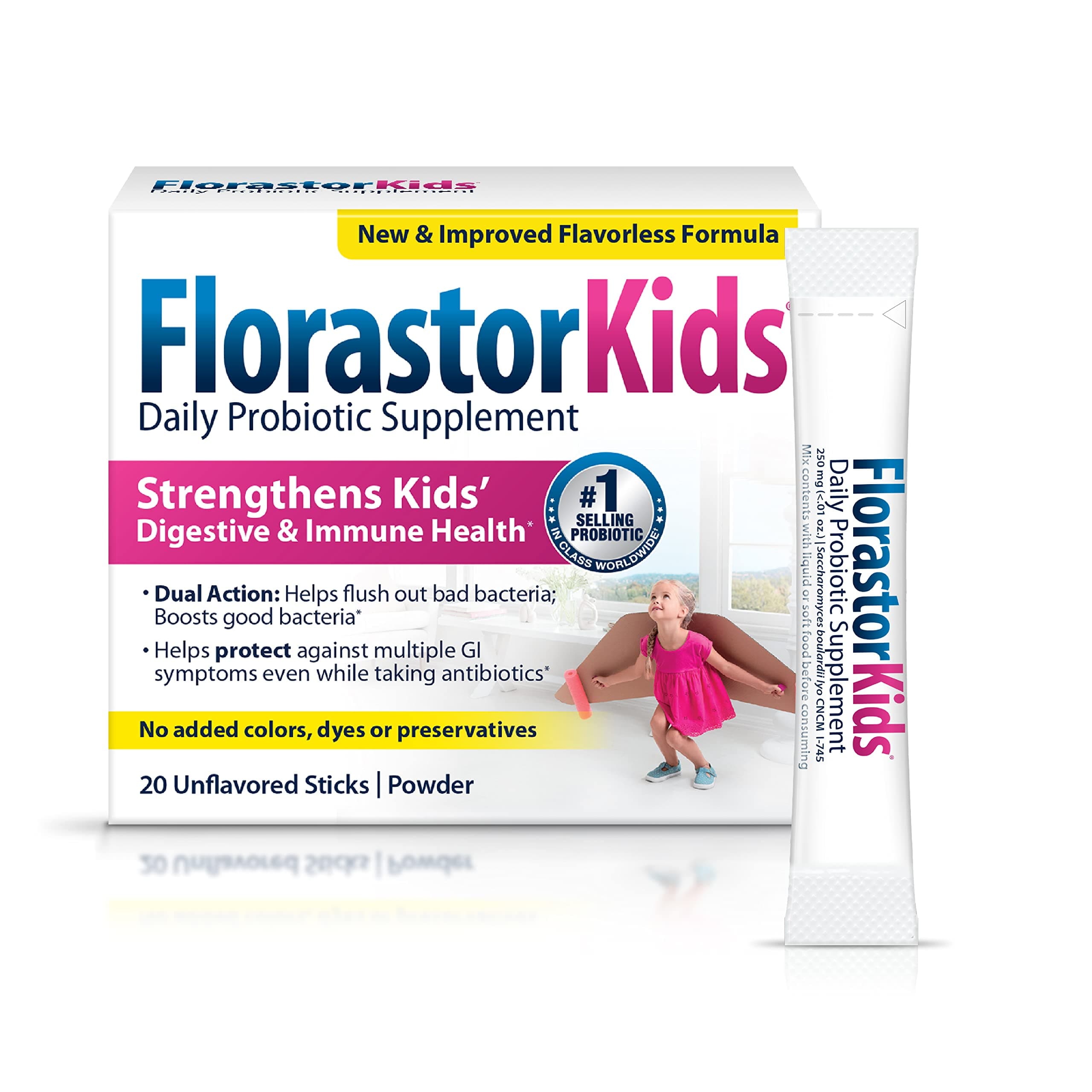 Florastor Kids Daily Probiotic Supplement, Unflavored Powder Mixes with Food or Beverage, Use with Antibiotics, Saccharomyces Boulardii CNCM I-745 (20 Sachets), Pack of 2