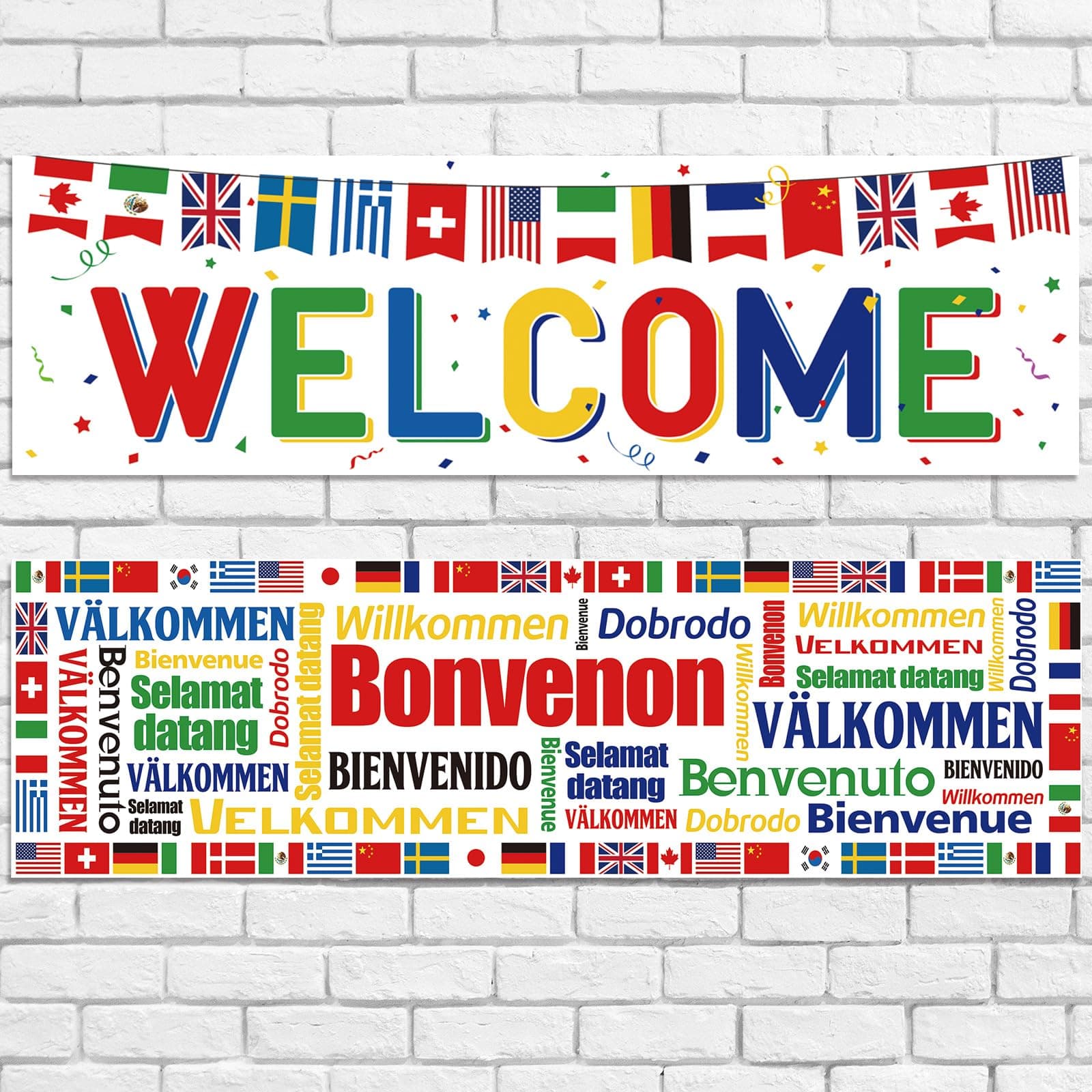 Panelee 2 Pcs International Welcome Banners 13.8 x 43.3 Inch World Flags Banner Polyester Country Flags Decoration for Sports Events Club Birthday School Classroom Party Supplies Decoration(White)