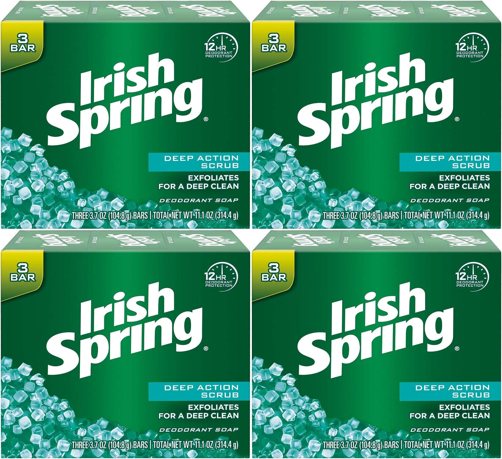 Irish SpringDeodorant Bath Bar Soap, Deep Action Scrub, with Scrubbing Beads, 3.75 Ounce Each, 3 Bar Pack (Pack of 4) 12 Bars Total