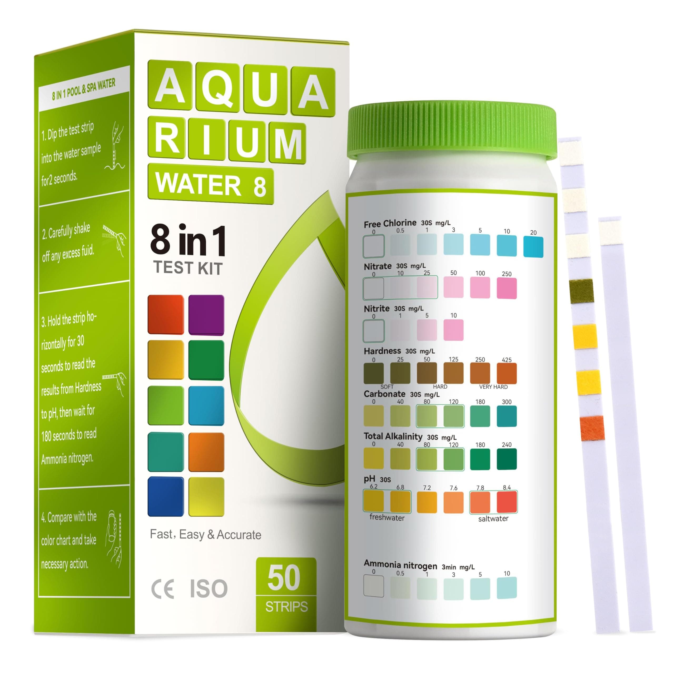 8 in 1 Aquarium Test Kit for Freshwater Fish Tank | Quick and Accurate Water Quality Testing Strips for Aquariums & Ponds for Test pH, Carbonate, Alkalinity, Hardness, Chlorine etc (50)