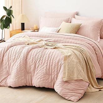 CozyLux King Size Comforter Set Blush Pink Seersucker 7 Pieces Bed in a Bag King Comforter Set with Sheets, Luxury Soft Bedding Sets with Down Alternative Comforter, Sheets, Pillowcases & Shams