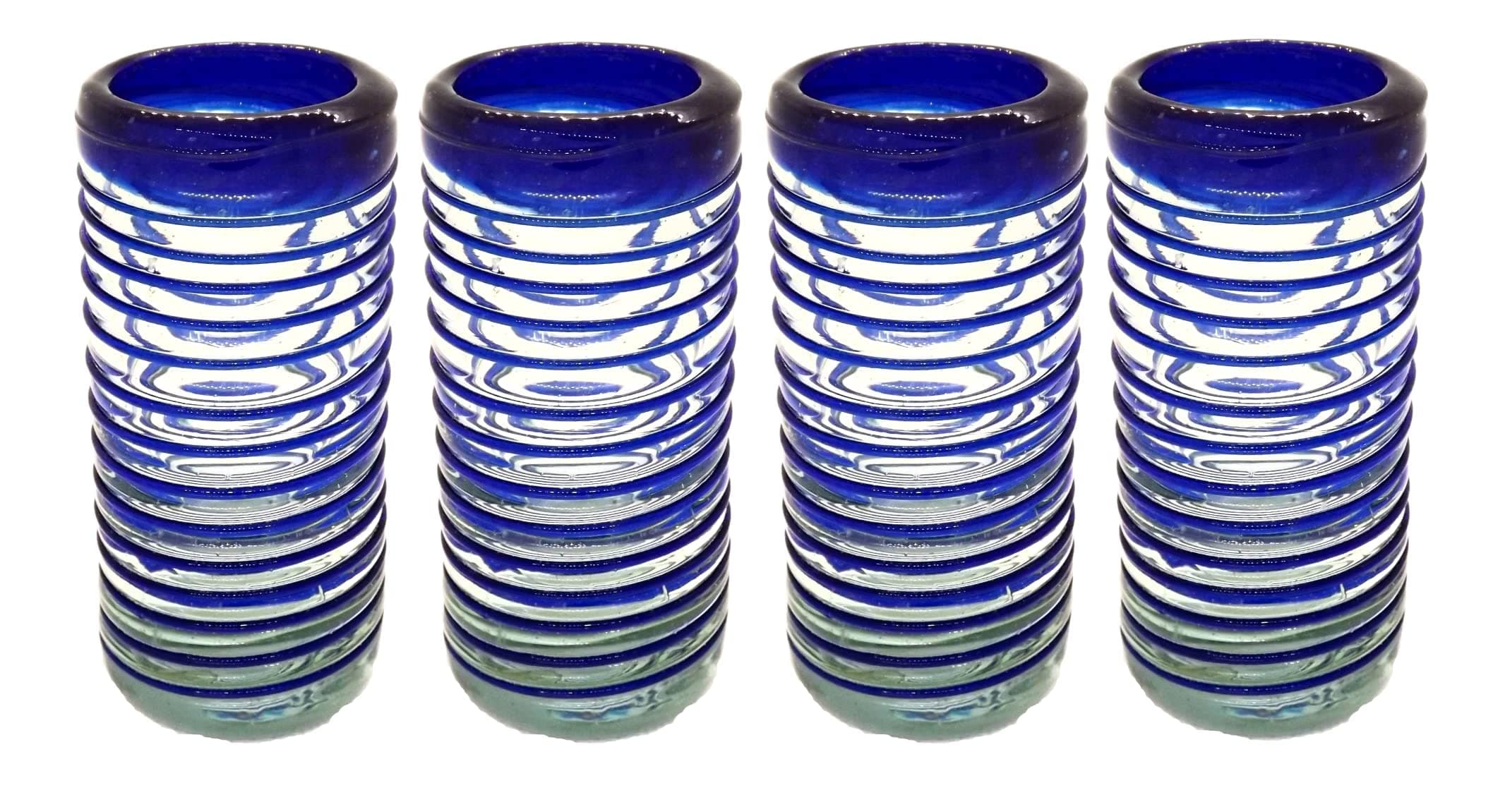 Specialty Mexican Tequila Glasses, Hand-Blown with Unique Color & Texture Set of 4 pieces (Blue Spiral)