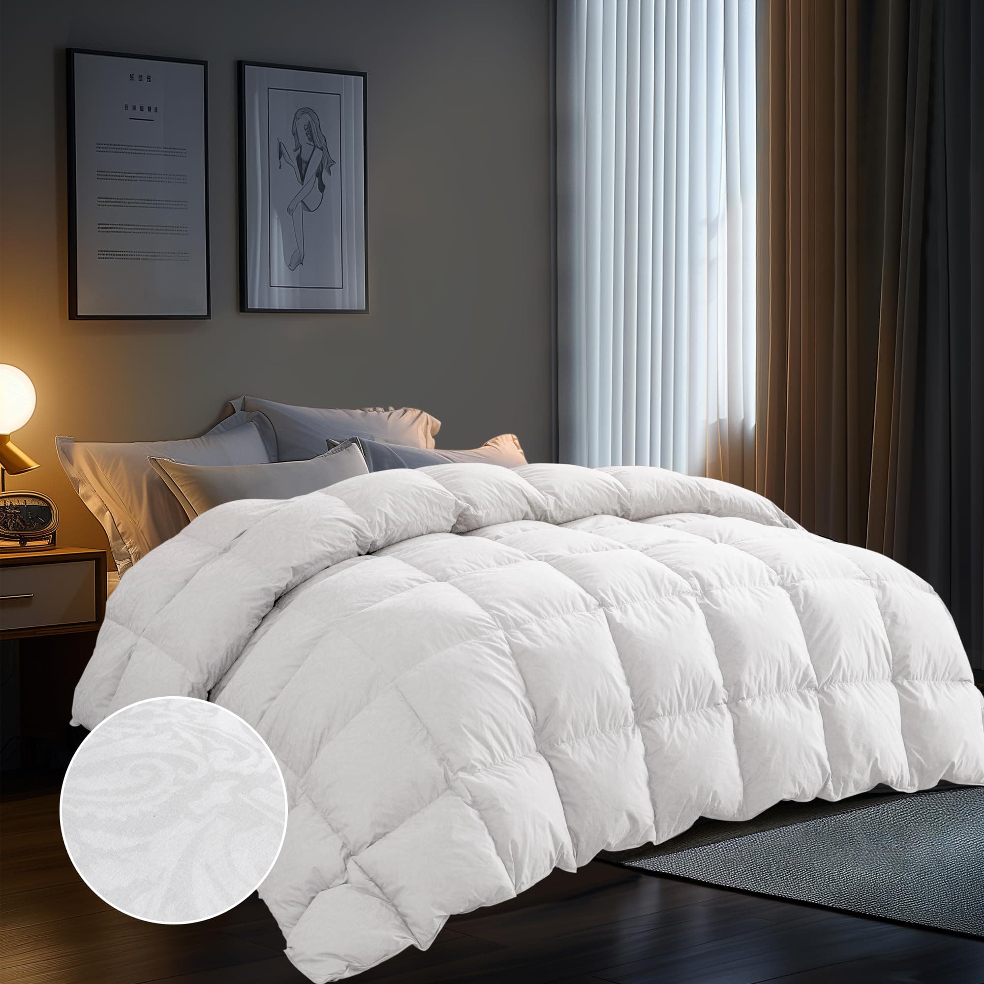 puredown® Goose Feather Comforter,Duvet Insert, Gusseted Ultra-Soft Noiseless Shell Medium Warmth Bedding Comforters (White-All Season, King)