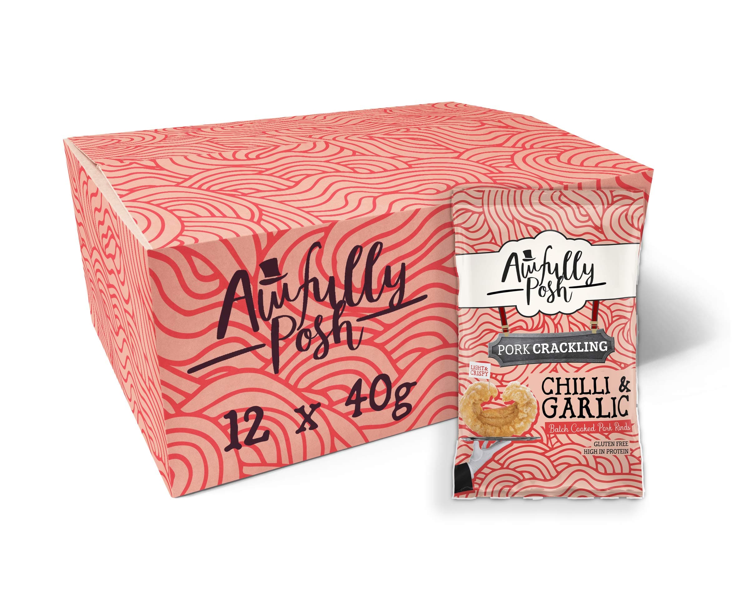 Awfully Posh | Chilli and Roasted Garlic Pork Crackling | Keto Snacks | 12 X 40G