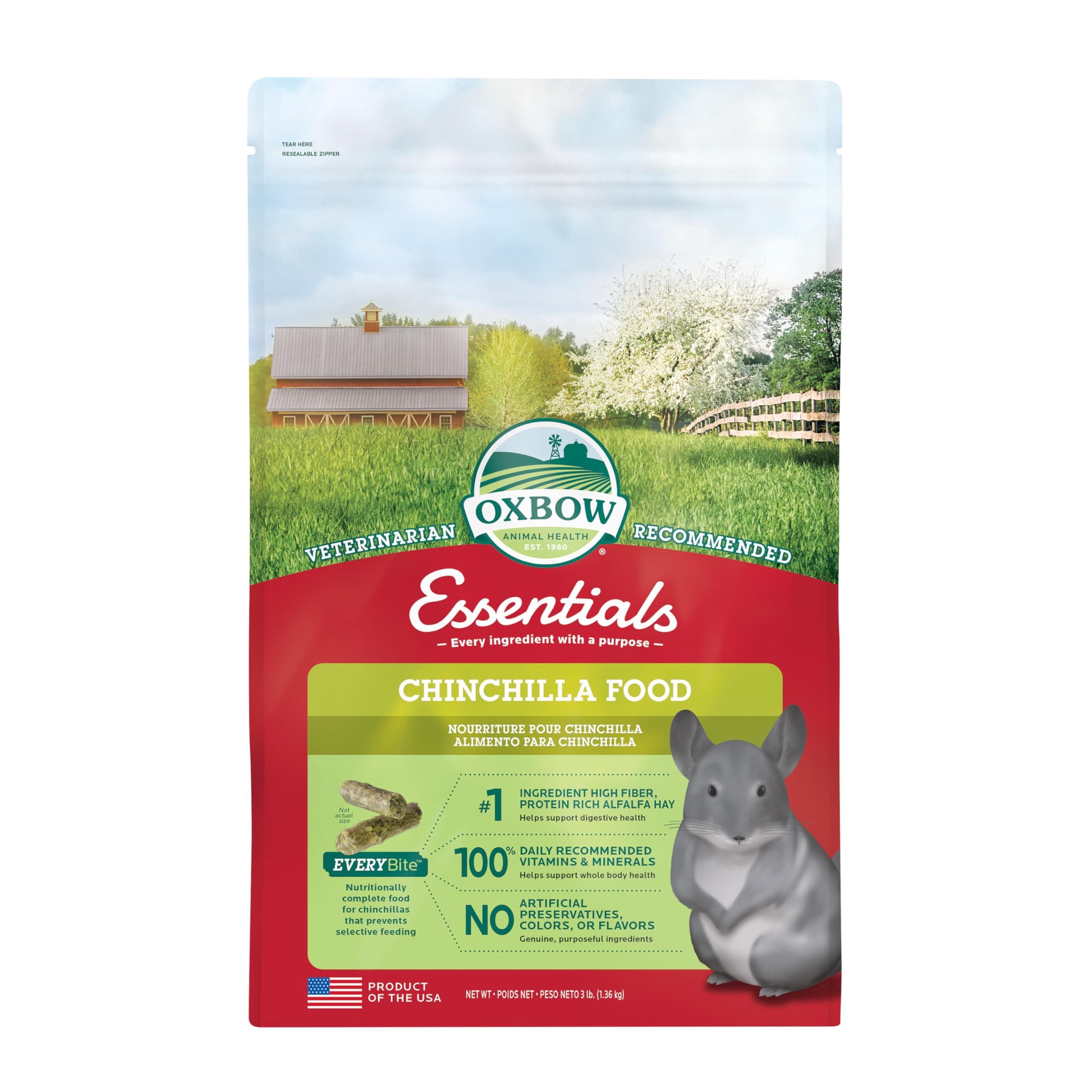 Oxbow Essentials Chinchilla Food, Made with Oxbow Alfalfa, Vitamin & Mineral Rich Food for Chinchillas, Small Animal Pet Pellets, Made in USA, High Fiber, 3 lb Bag