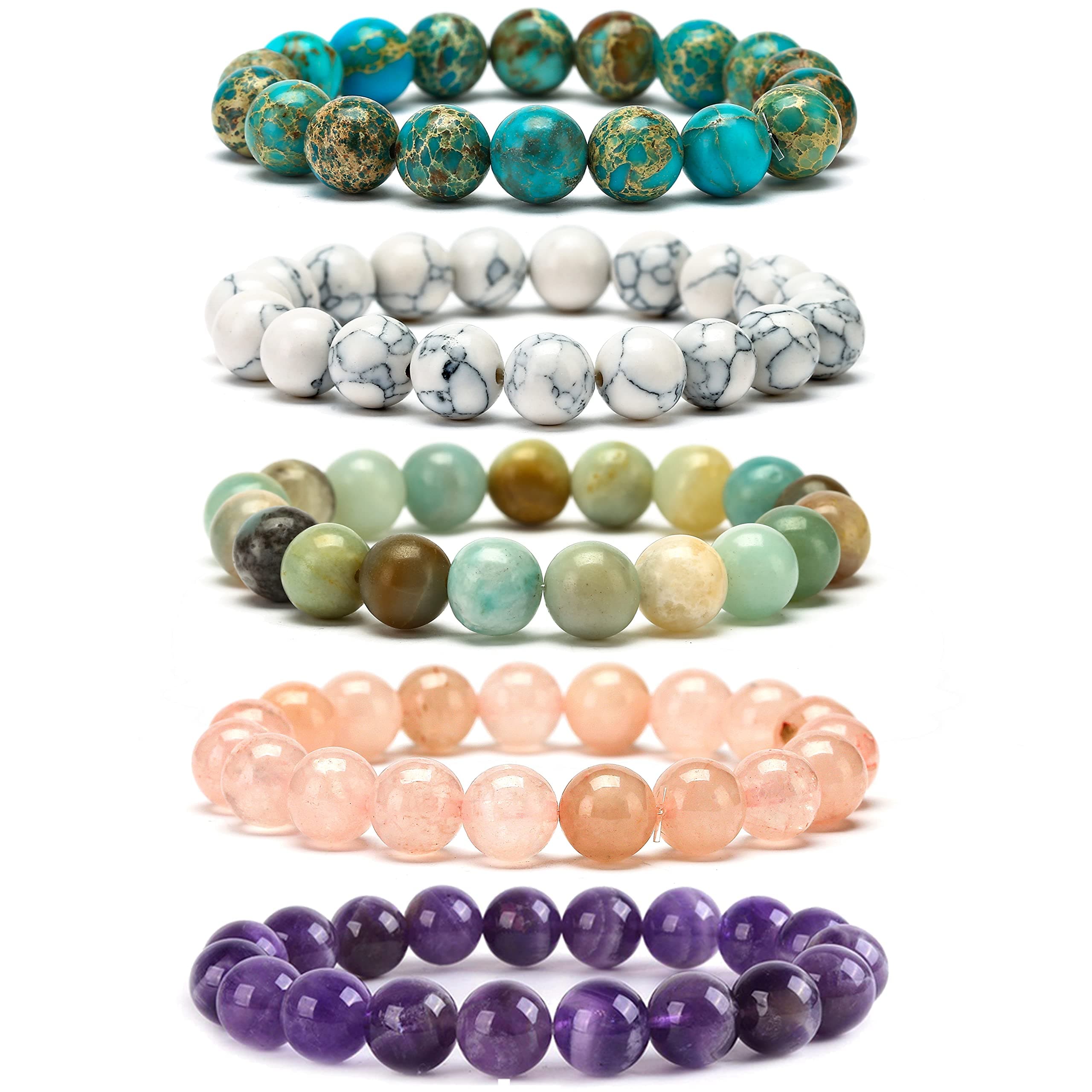 WAINIS5 Pcs 10mm Semi-Precious Gemstones Beaded Bracelets for Men Women Healing Crystal Stretch Beaded Bracelet Unisex