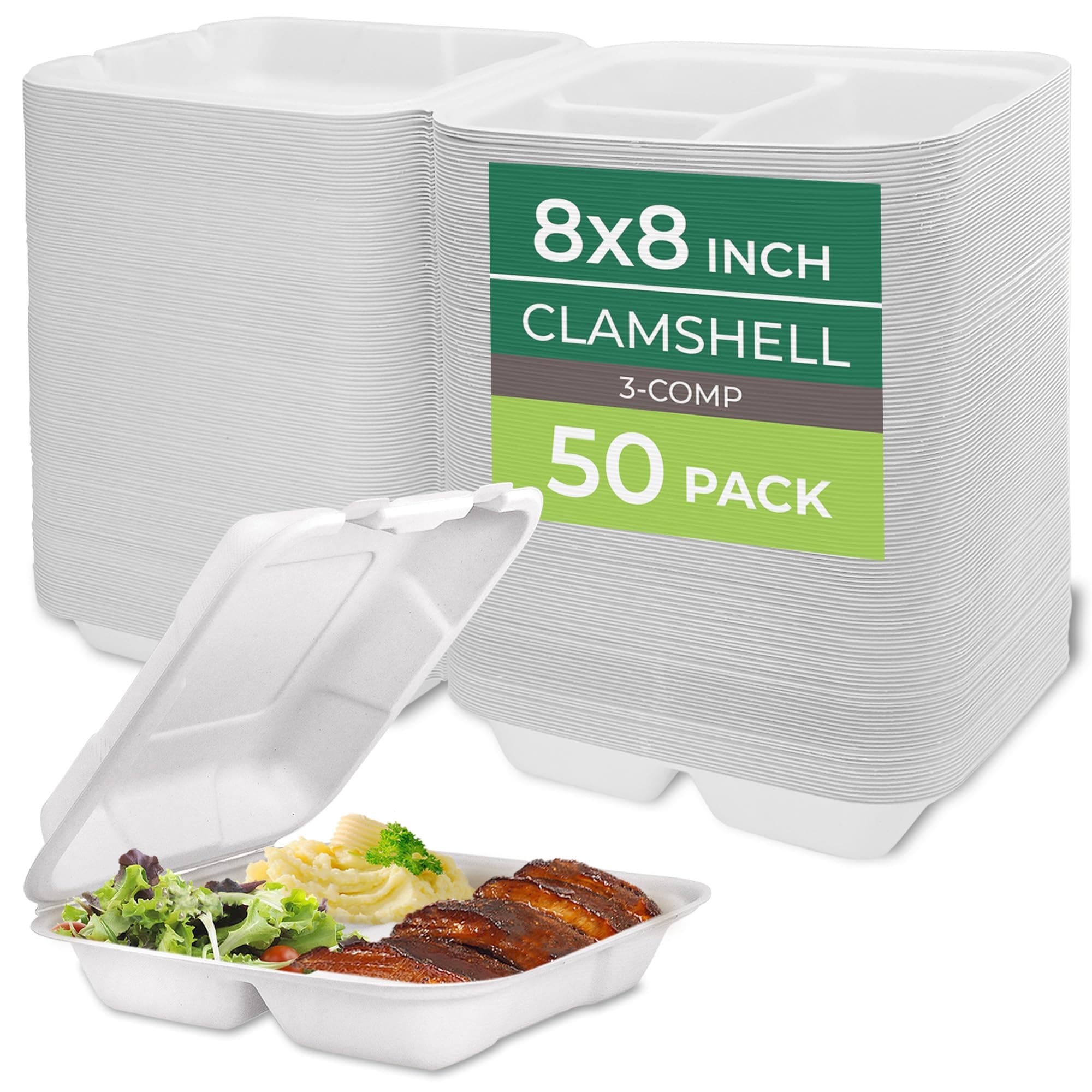 Freshware Compostable Clamshell Food Containers [8x8"] 3-Compartment 50-Pack, Disposable Containers, Biodegradable Sugarcane to Go Boxes - Paper Food Containers - Microwave & Freezer Safe, Stackable