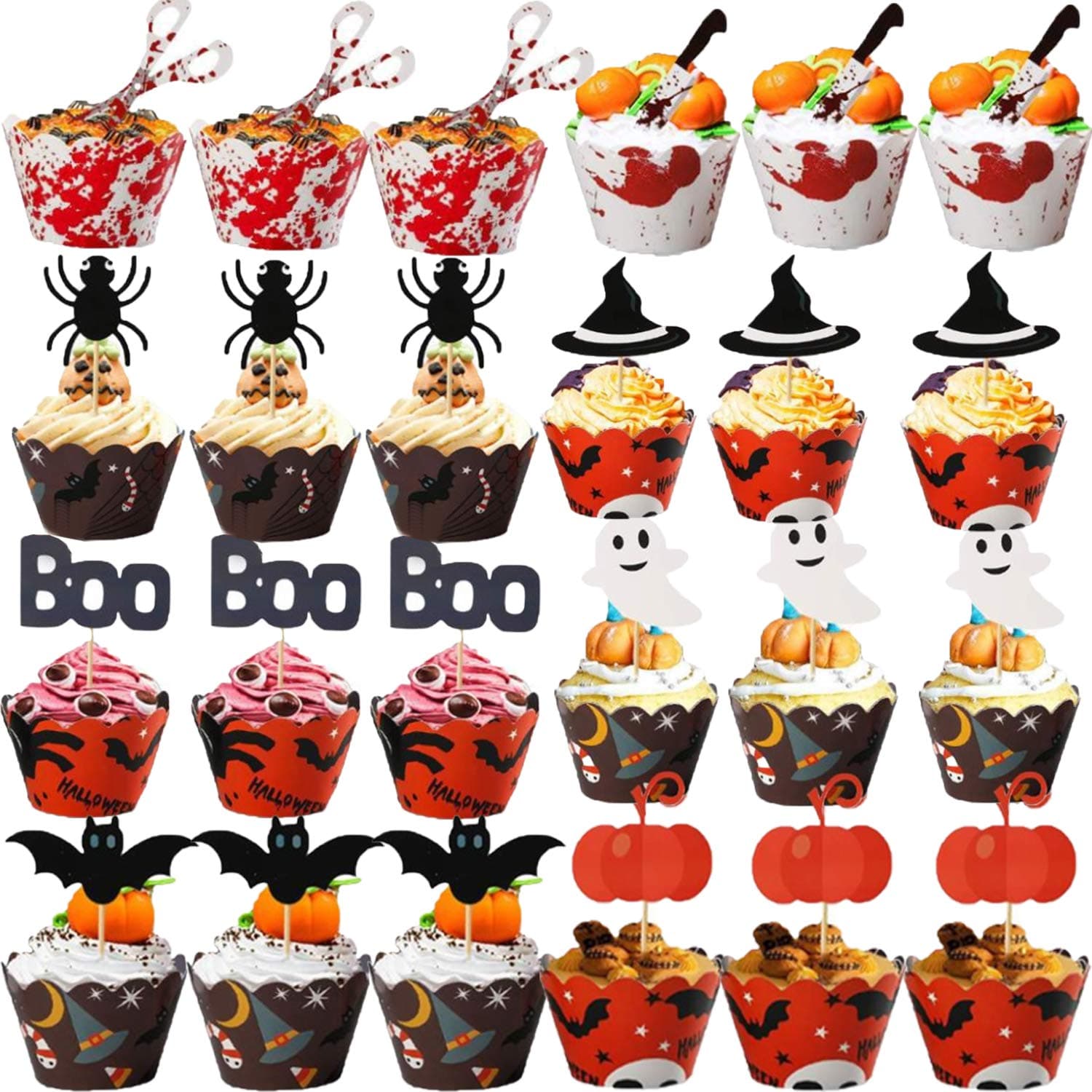 PARTYKA 48pcs halloween cupcake decorations cases - halloween cupcake toppers and wrappers for Halloween Party Decoration cupcake cases halloween include 24pcs toppers & 24pcs wrappers