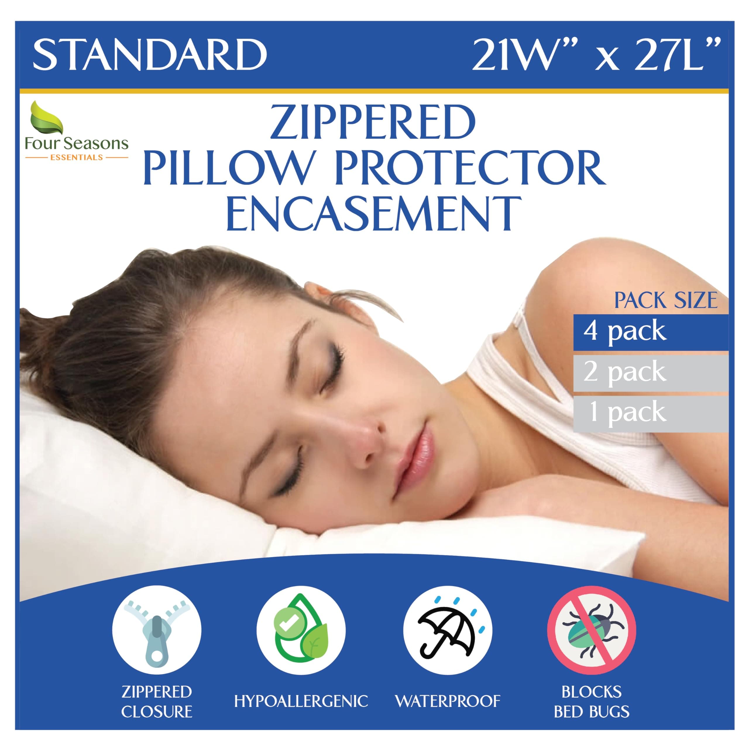 Four Seasons Essentials Standard Pillow Protectors (Set of 4) Hypoallergenic Pillow Cover Waterproof Dust Allergen Proof Zippered Encasement.