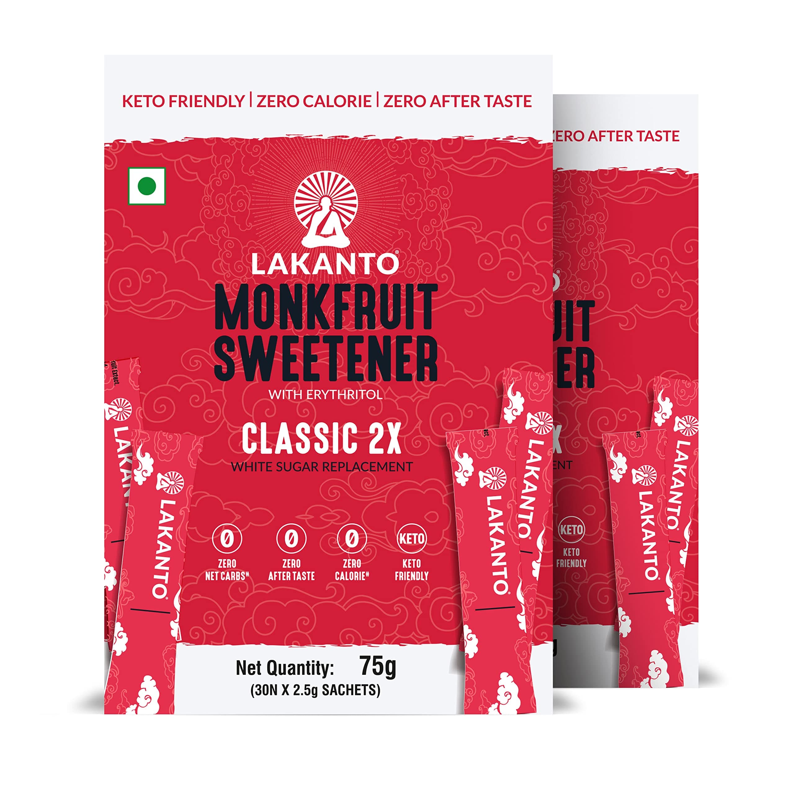 Lakanto Classic 2x Japanese's Monkfruit Sweetener Packets - Sugar Replacement, Zero Net Carbs, Low Glycemic, Zero Calorie, Sweeten on the Go, Coffee, Lemonade, Other Drinks, Desserts (30 Sticks*2)