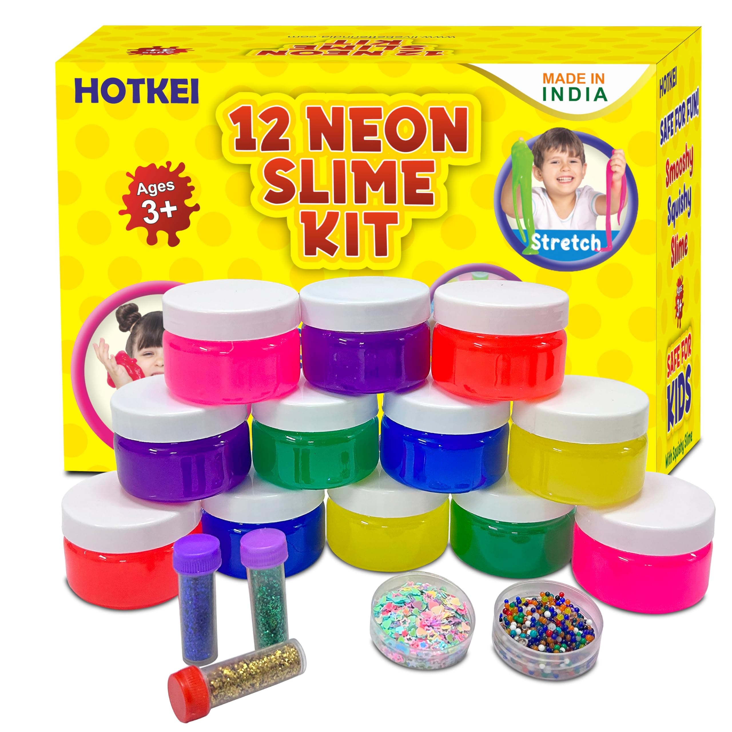 HOTKEI 12 Neon Slime DIY Neon Colored Fruit Scented Slimy Slime Gel Jelly Set Kit Air Dry Magical Crystal Clay Putty Toy Kit for Girls Boys Kids with Glitter, Stars, Color Beads