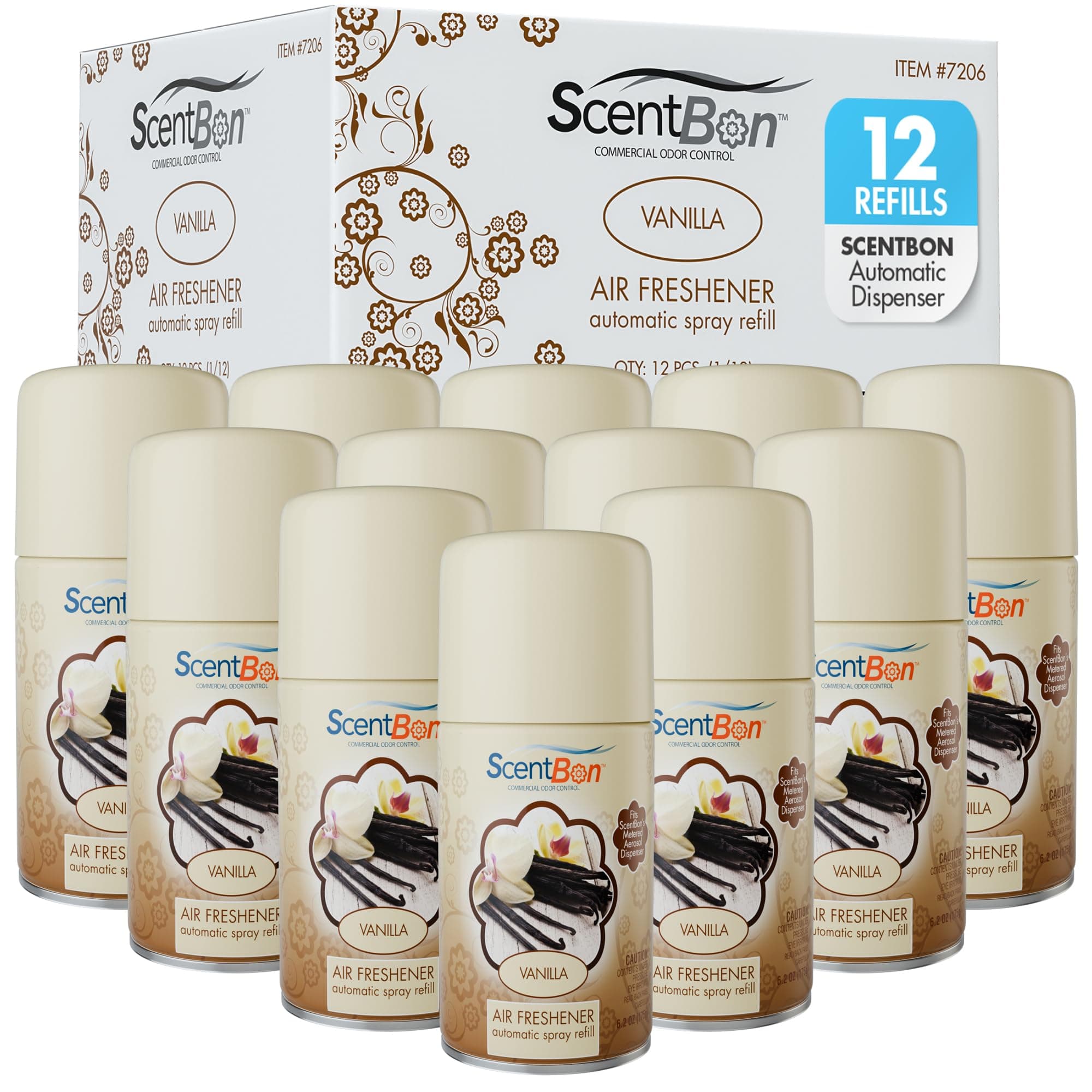 Metered Air Freshener Refills for Aerosol Dispenser – Vanilla Scent – 6.2 oz – 12 Pack – Automatic Air Freshener Spray Refill – Commercial Aerosol Deodorizer for Office, Bathroom, Gym, Businesses